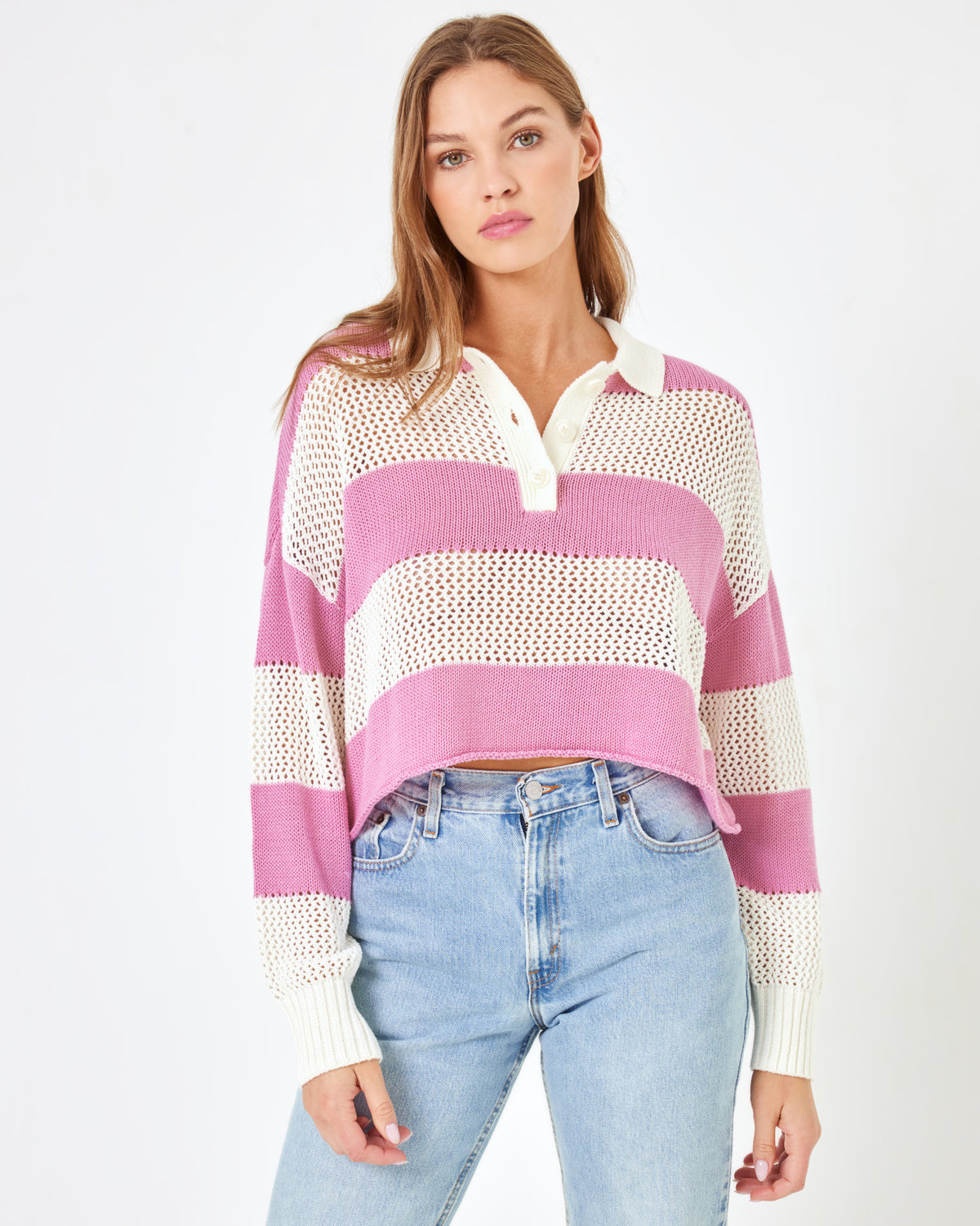 LSPACE X Anthropologie Rugby Sweater - Pink Lady Pink Lady | Model: Daria (size: S)