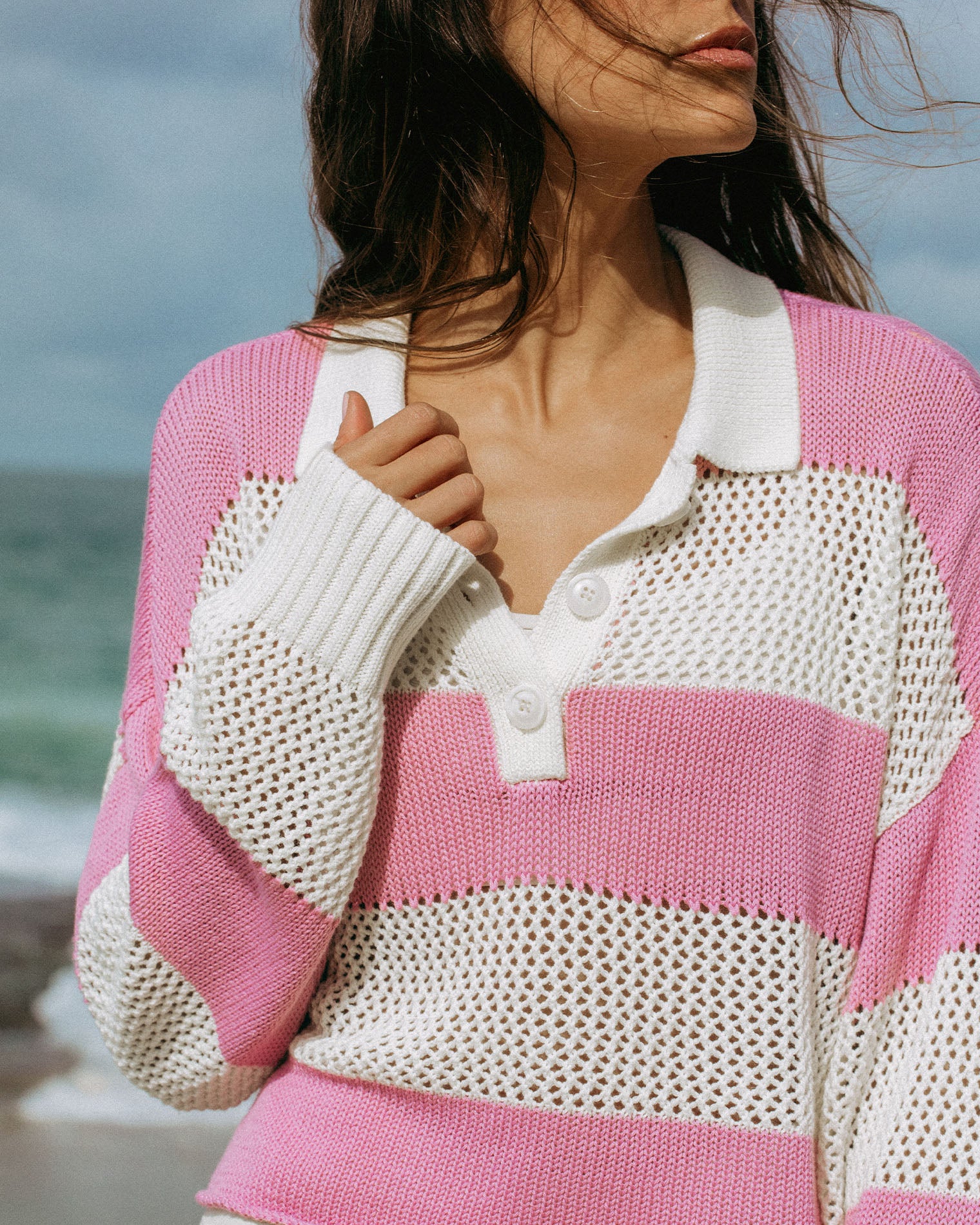 LSPACE X Anthropologie Rugby Sweater - Pink Lady Pink Lady | Model: Daria (size: S) | Hover