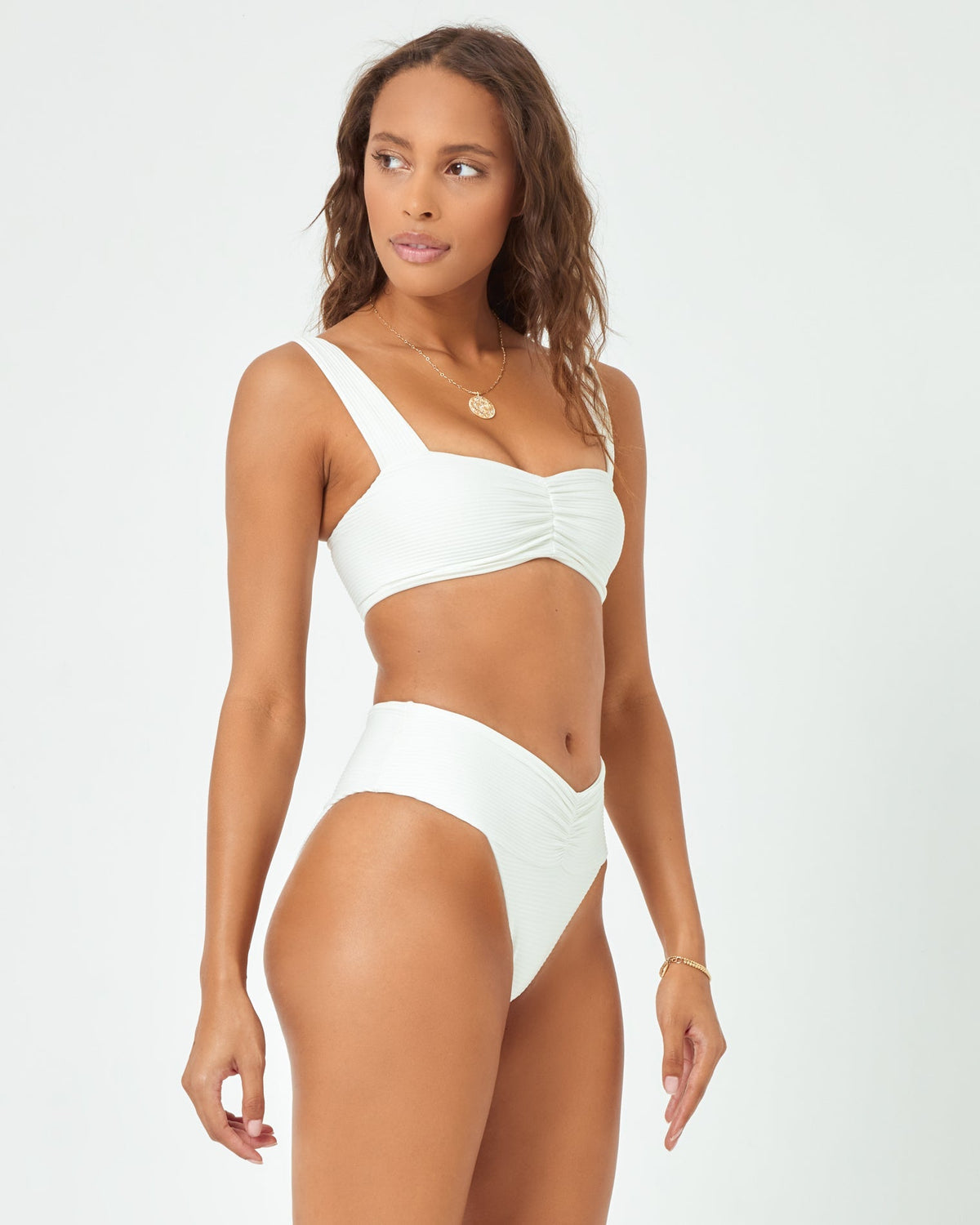 Eco Chic Repreve® Bardot Bikini Bottom - Cream Cream | Model: Natalie (size: S) | Hover