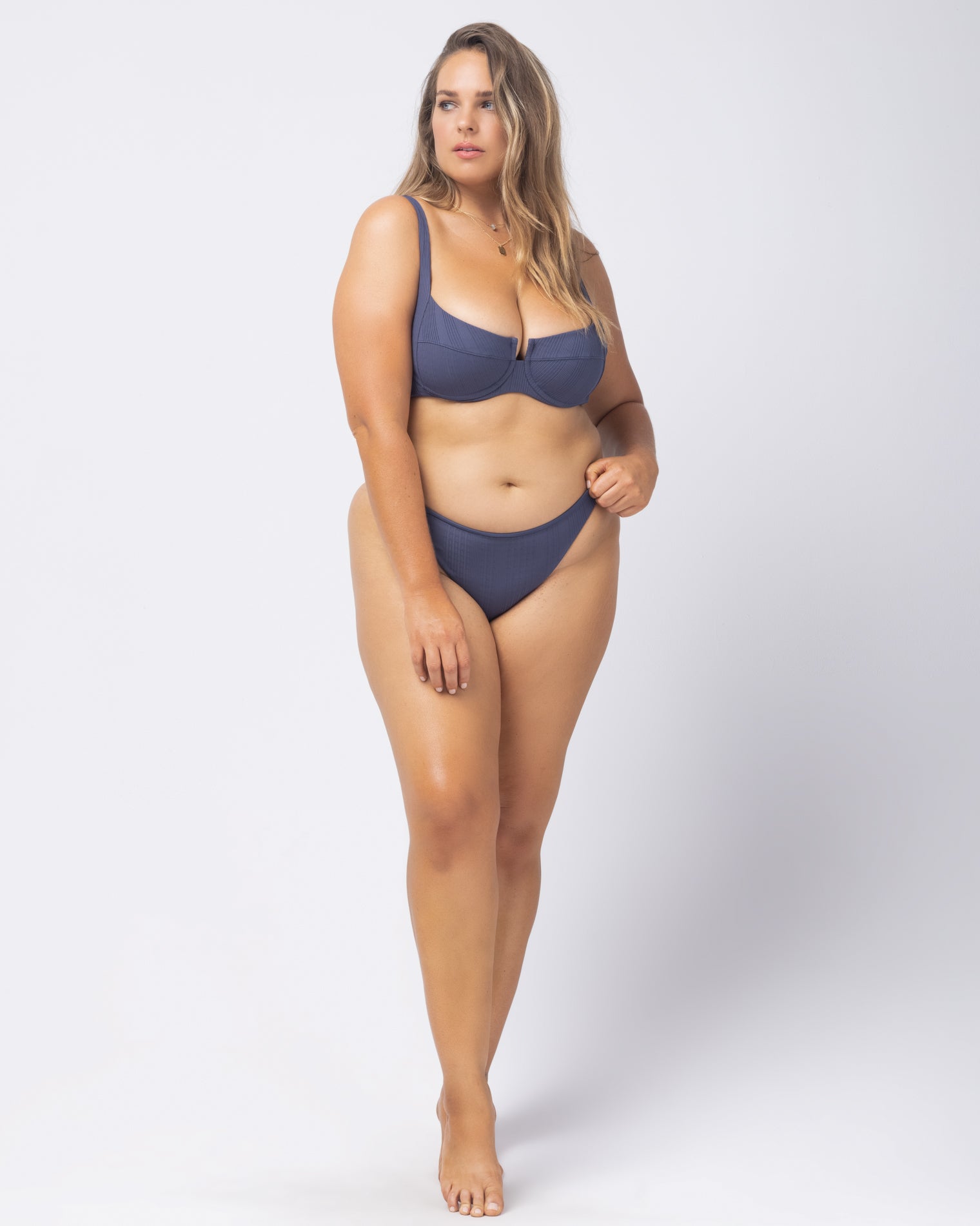 Pointelle Rib Camellia Bikini Top - Slate Slate | Model: Ali (size: XL)