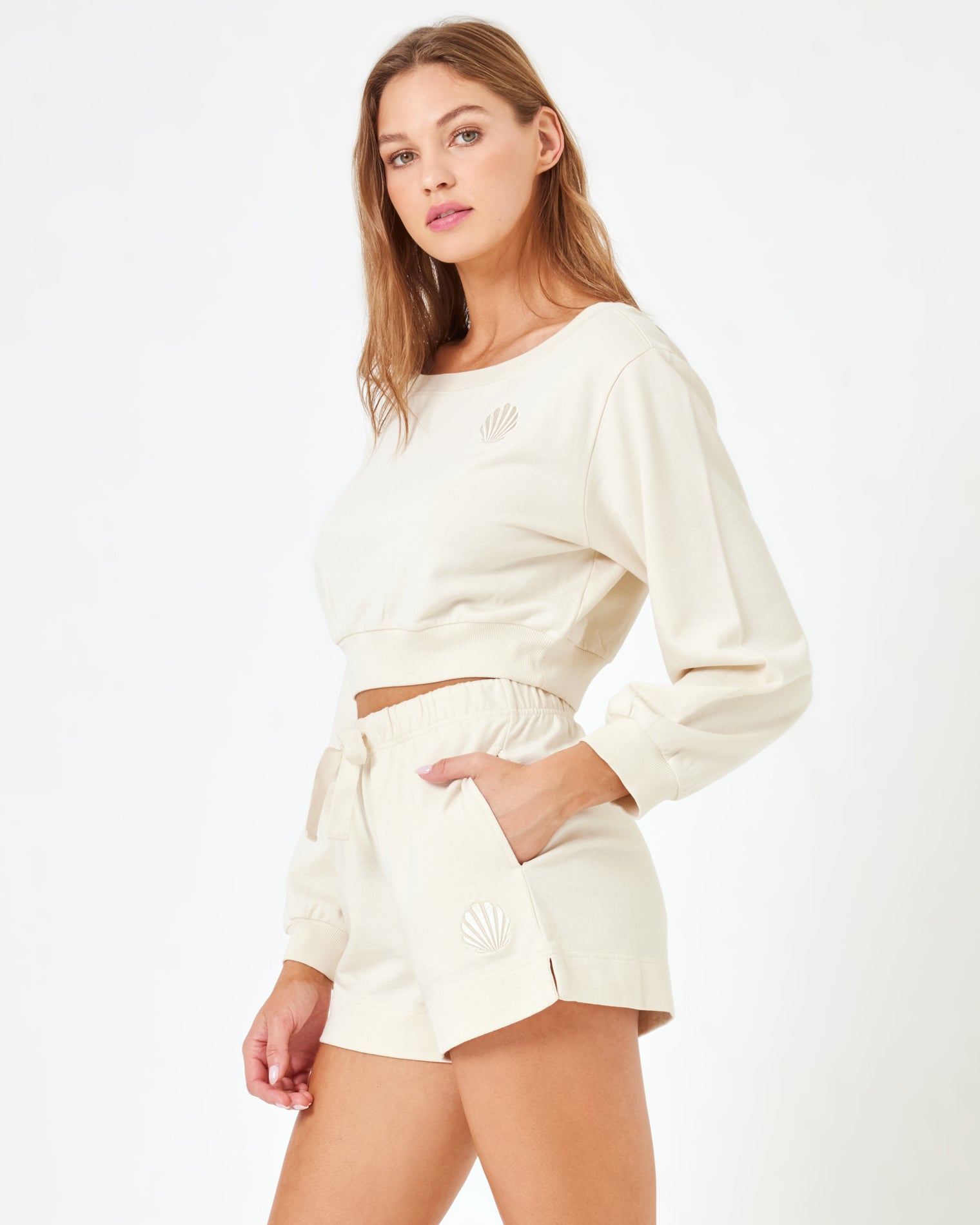 LSPACE X Anthropologie Solo Short - Cream Cream | Model: Daria (size: S) 