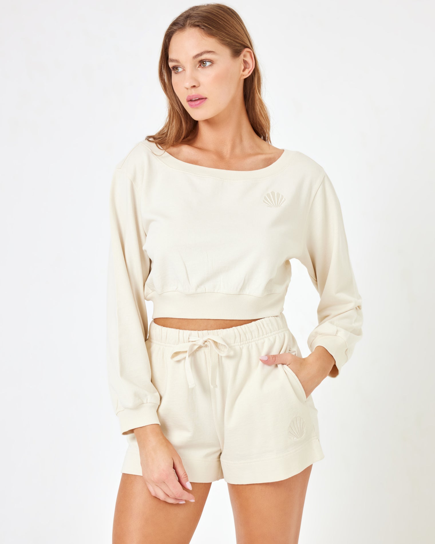 LSPACE X Anthropologie Bancroft Sweatshirt - Cream Cream | Model: Daria (size: S) | Hover