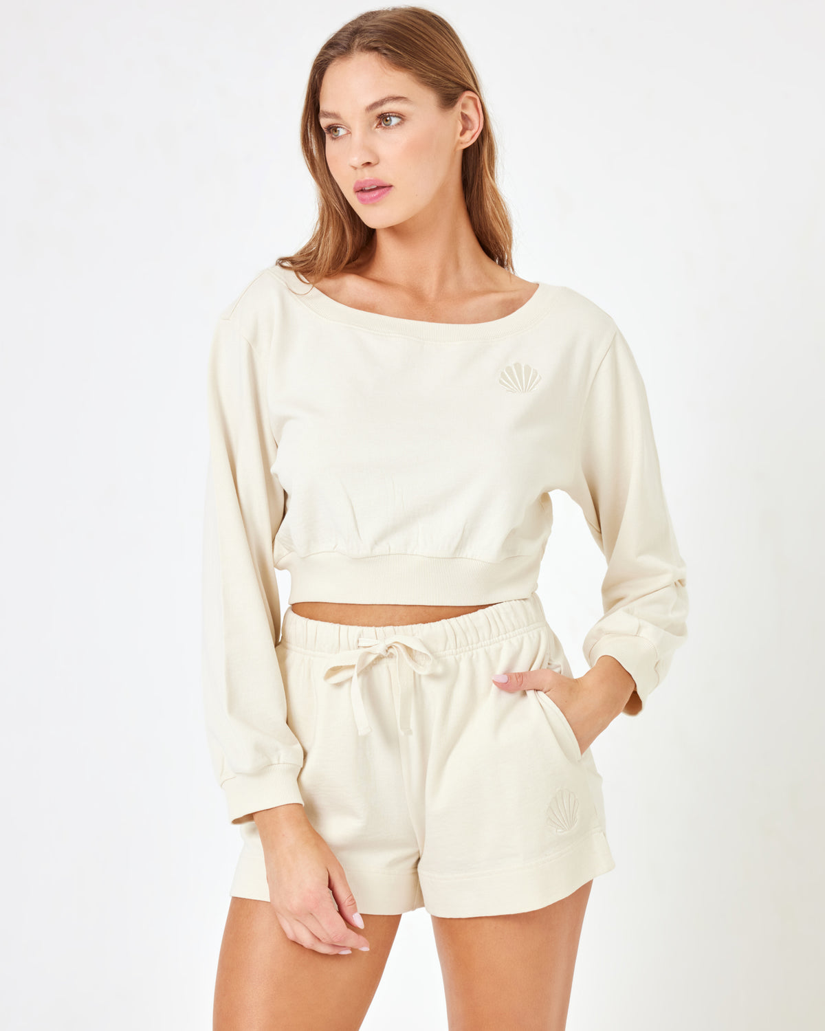 LSPACE X Anthropologie Bancroft Sweatshirt - Cream Cream | Model: Daria (size: S) | Hover