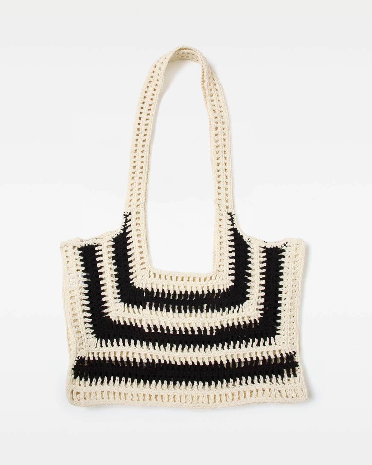 Caylin Crochet Tote - Black-White Flat lay of the black and white Caylin Crochet Tote.