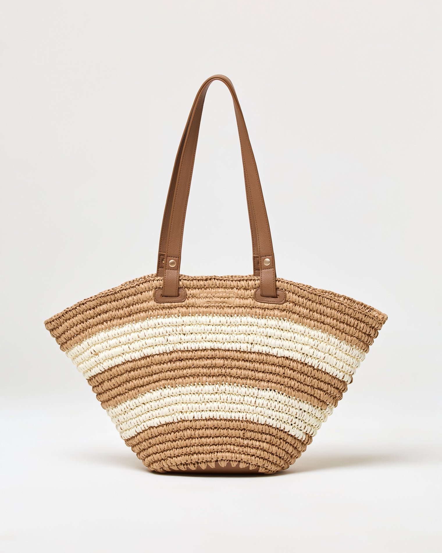 Yuli Tote - Natural Stripe Off-model front view of the natural stripe Yuli Tote, featuring tan and cream horizontal stripe woven construction with brown leather shoulder straps.