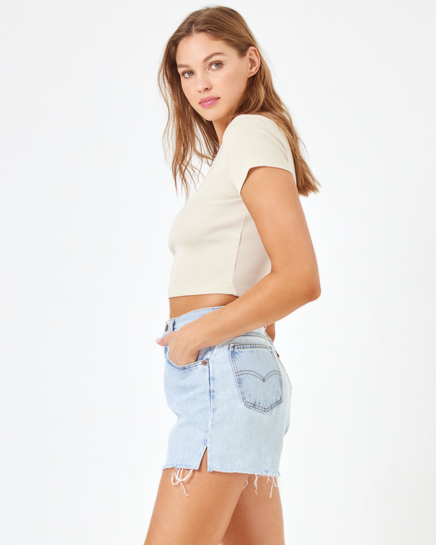 aligrace Michelle Denim Short - Blue Blue | Model: Daria (size: S) 