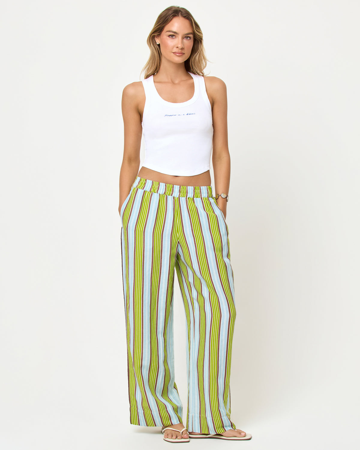 Sur Pant - Comporta Cool Girl LSPACE Sur Pant in Comporta Cool Girl print, front view on model with white crop tank.