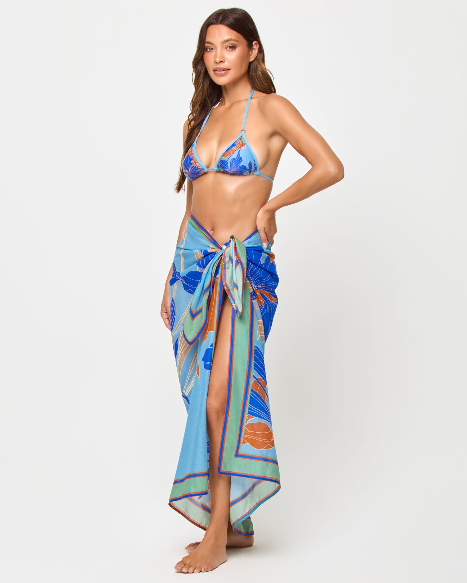 Mika Sarong - Ciao Bella LSPACE Mika sarong in Ciao Bella print, three-quarter view on model.