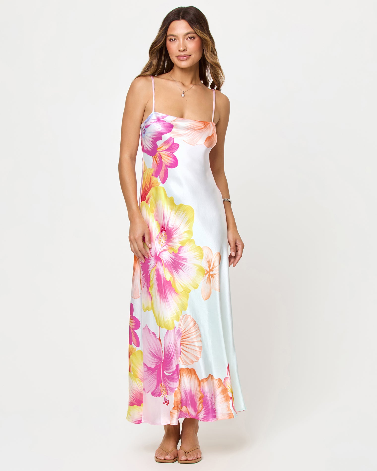 Gabby Maxi - Hibiscus And Plumeria Oh My LSPACE Gabby Maxi in Hibiscus And Plumeria Oh My print, front view on model.