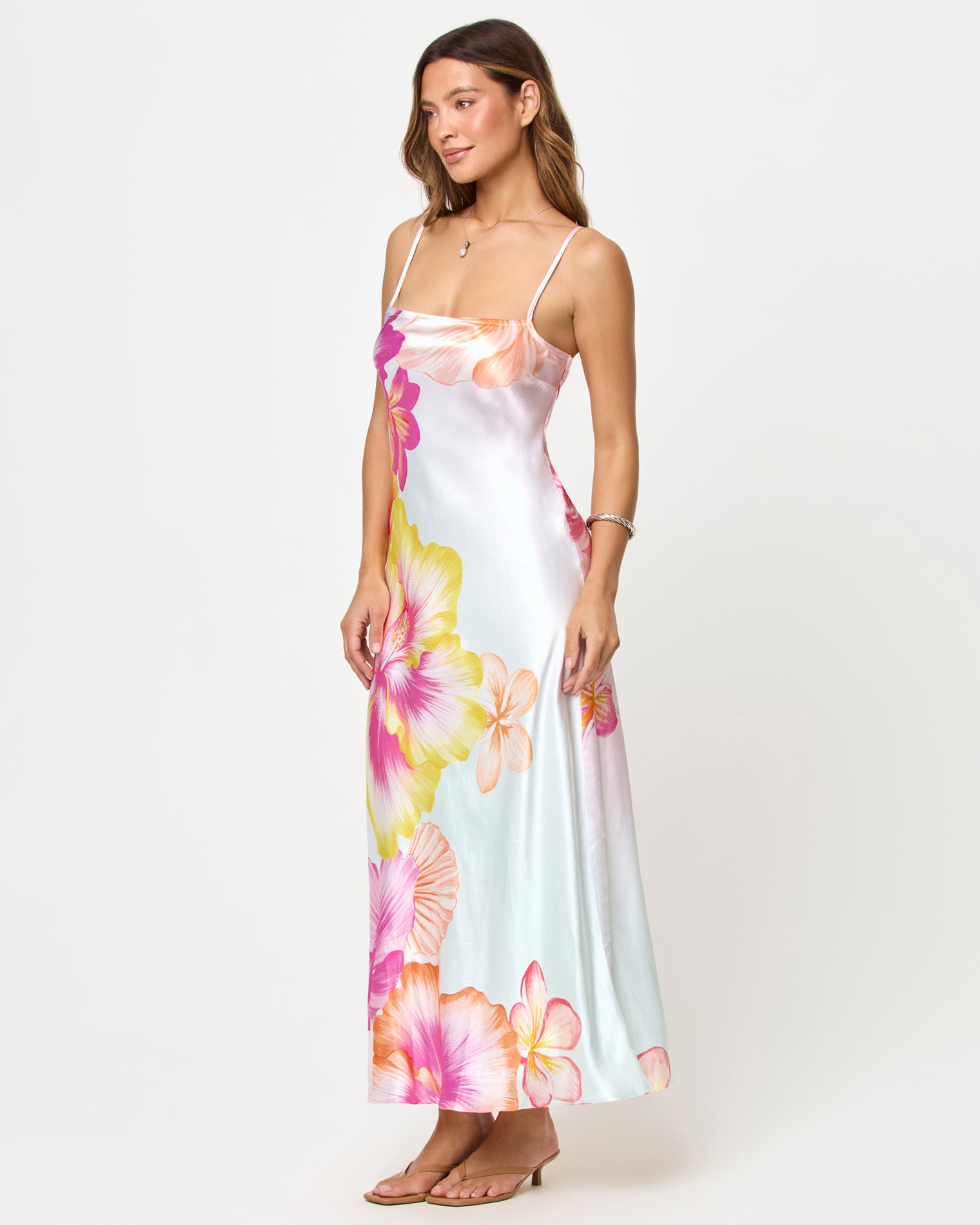 Gabby Maxi - Hibiscus And Plumeria Oh My LSPACE Gabby Maxi in Hibiscus And Plumeria Oh My print, three-quarter view on model.