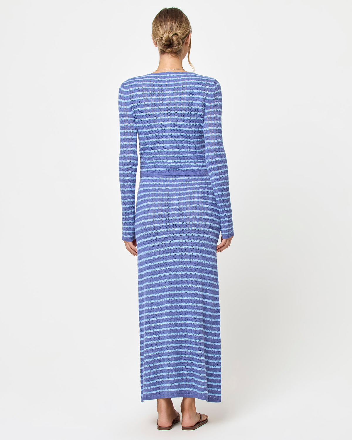Rosalie Maxi - Blue Lagoon LSPACE Rosalie maxi dress in blue lagoon, styled with cardigan, back view on model.