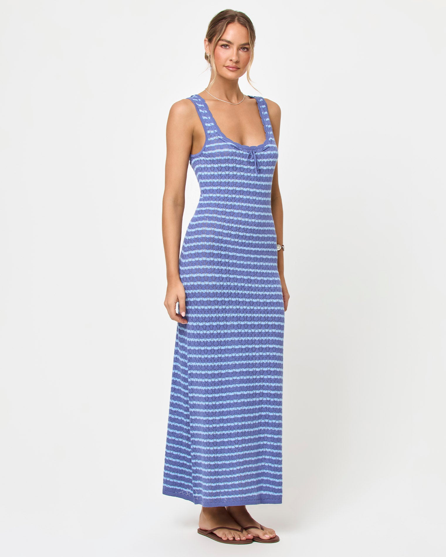 Rosalie Maxi - Blue Lagoon LSPACE Rosalie maxi dress in blue lagoon, three-quarter view on model.