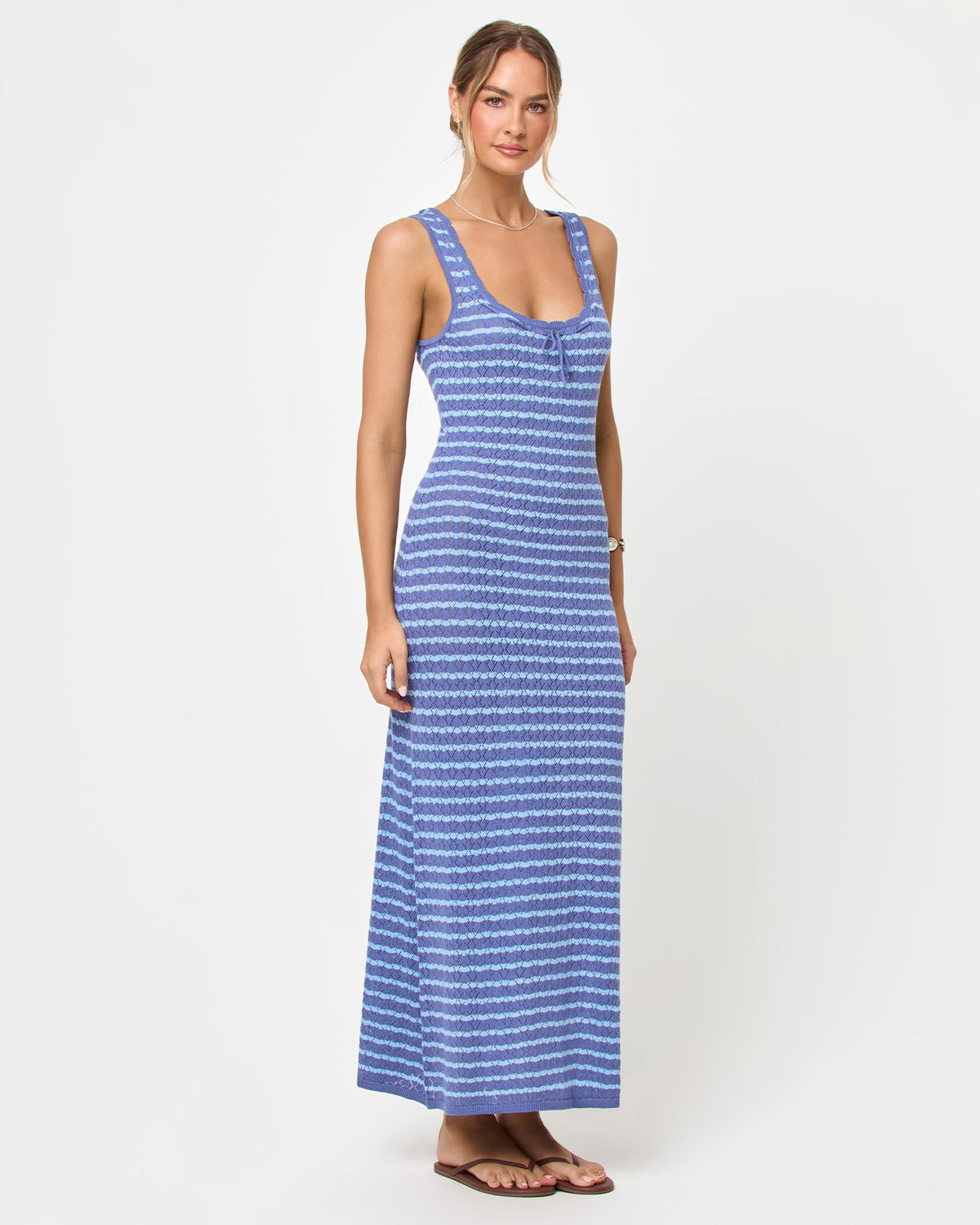 Rosalie Maxi - Blue Lagoon LSPACE Rosalie maxi dress in blue lagoon, three-quarter view on model.