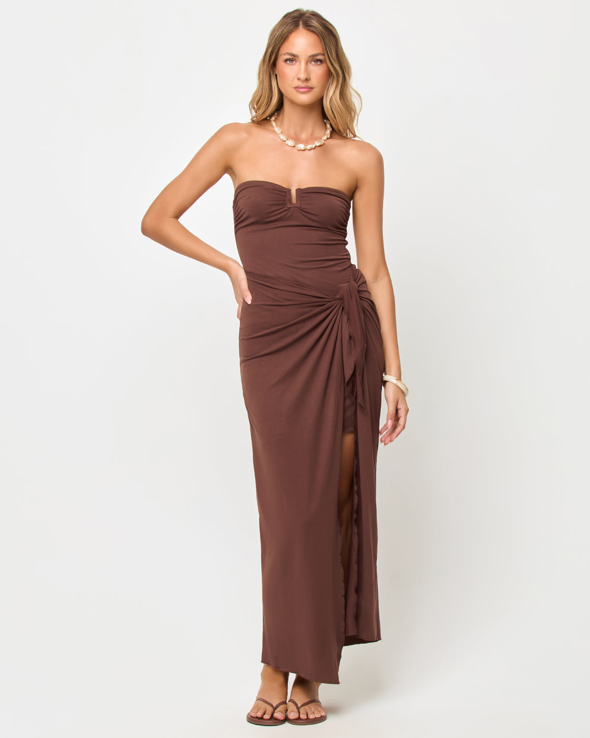 Noah Dress - Espresso LSPACE Noah Dress in espresso, front view on model.