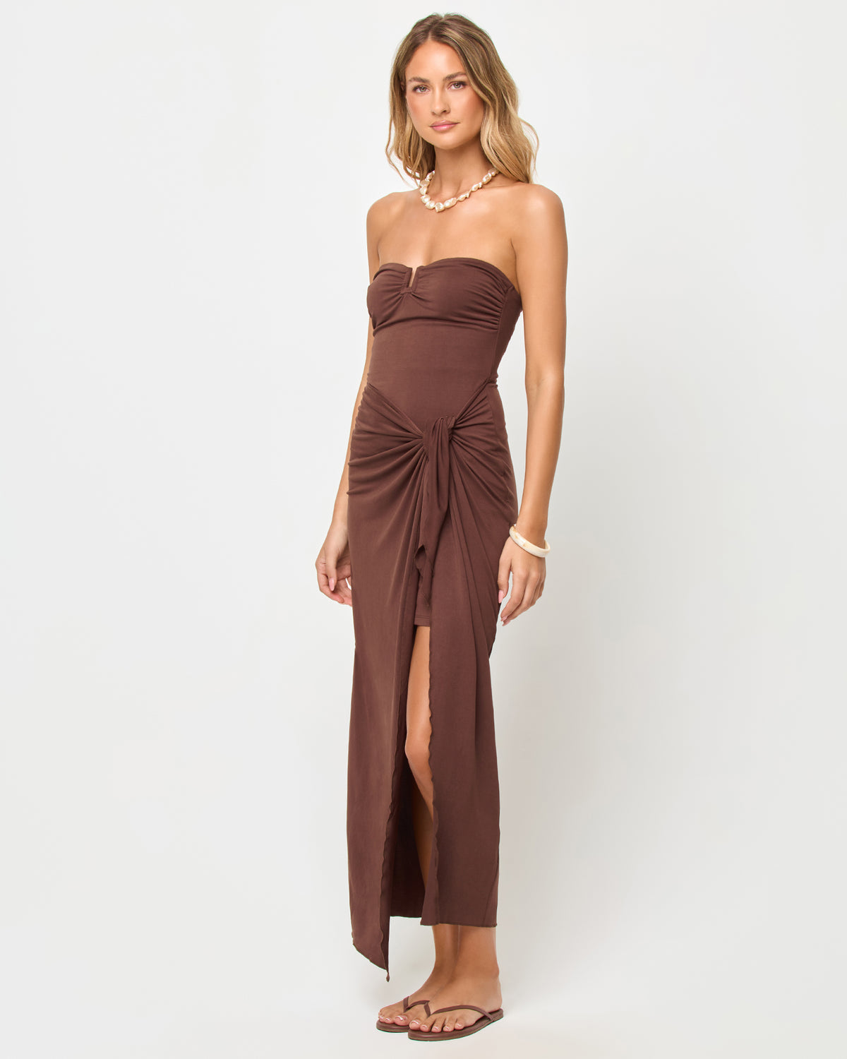 Noah Dress - Espresso LSPACE Noah Dress in espresso, three-quarter view on model.