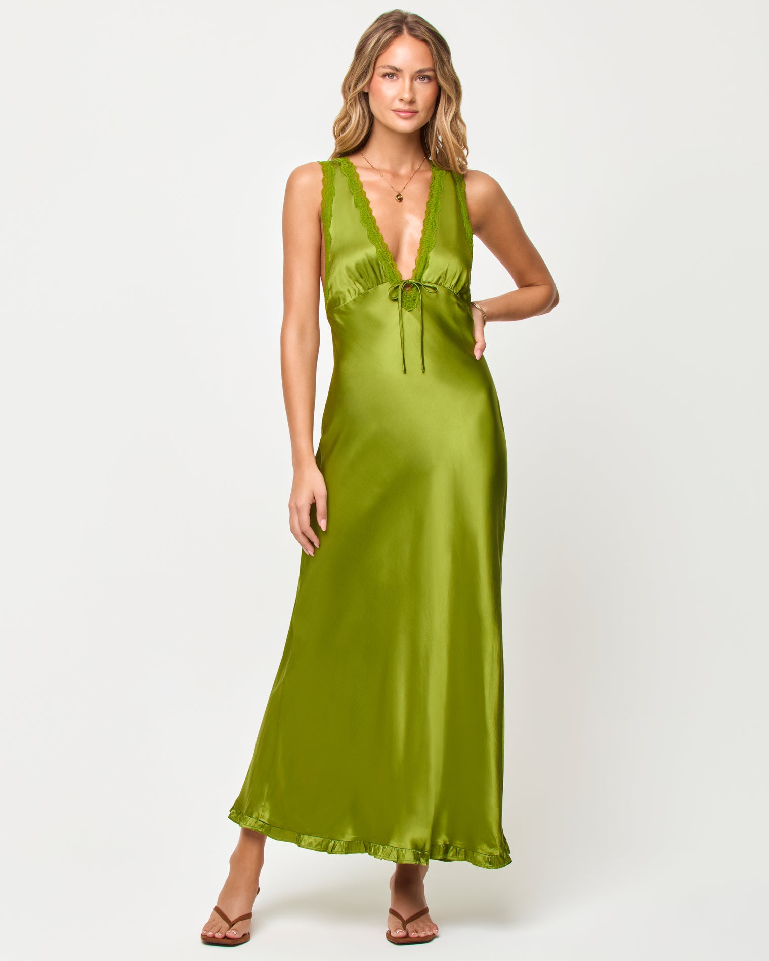 x The Salty Blonde Eyes On You Maxi - Verdant Front view of model wearing the LSPACE x The Salty Blonde Eyes On You Maxi in verdant, a green maxi dress.