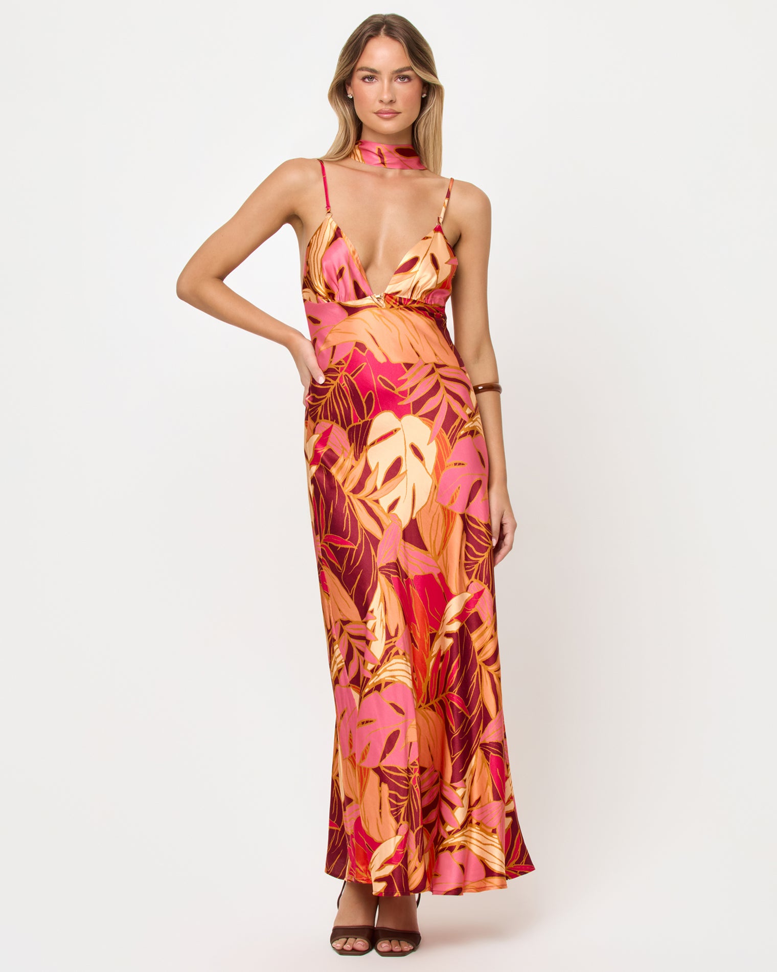 With Love Maxi - Leaf It To Me Front view of model wearing the LSPACE With Love Maxi in leaf it to me, a sleeveless floral-print maxi dress.