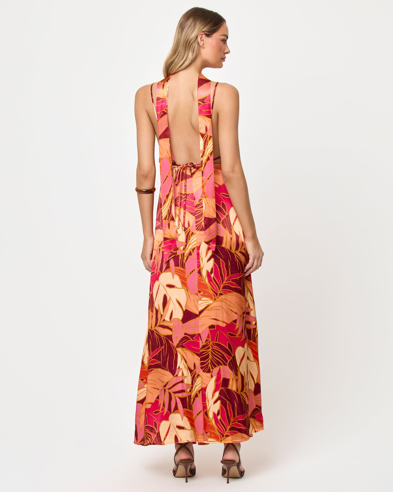 With Love Maxi - Leaf It To Me Back view of model wearing the LSPACE With Love Maxi in leaf it to me with neck scarf.