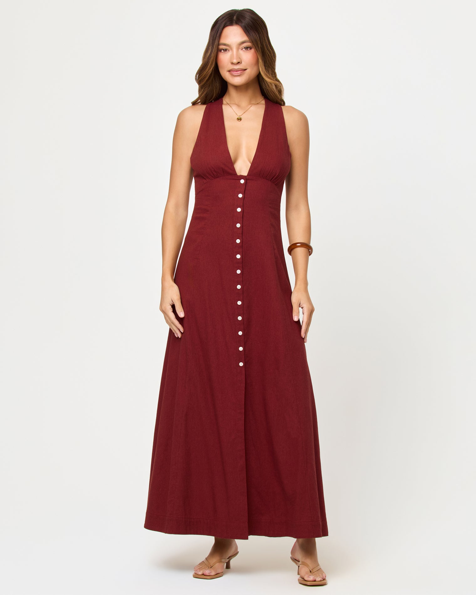 Arlo Maxi - Dusty Fig LSPACE Arlo maxi dress in Dusty Fig, front view on model.