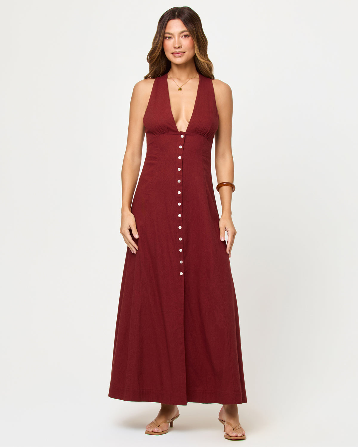 Arlo Maxi - Dusty Fig LSPACE Arlo maxi dress in Dusty Fig, front view on model.