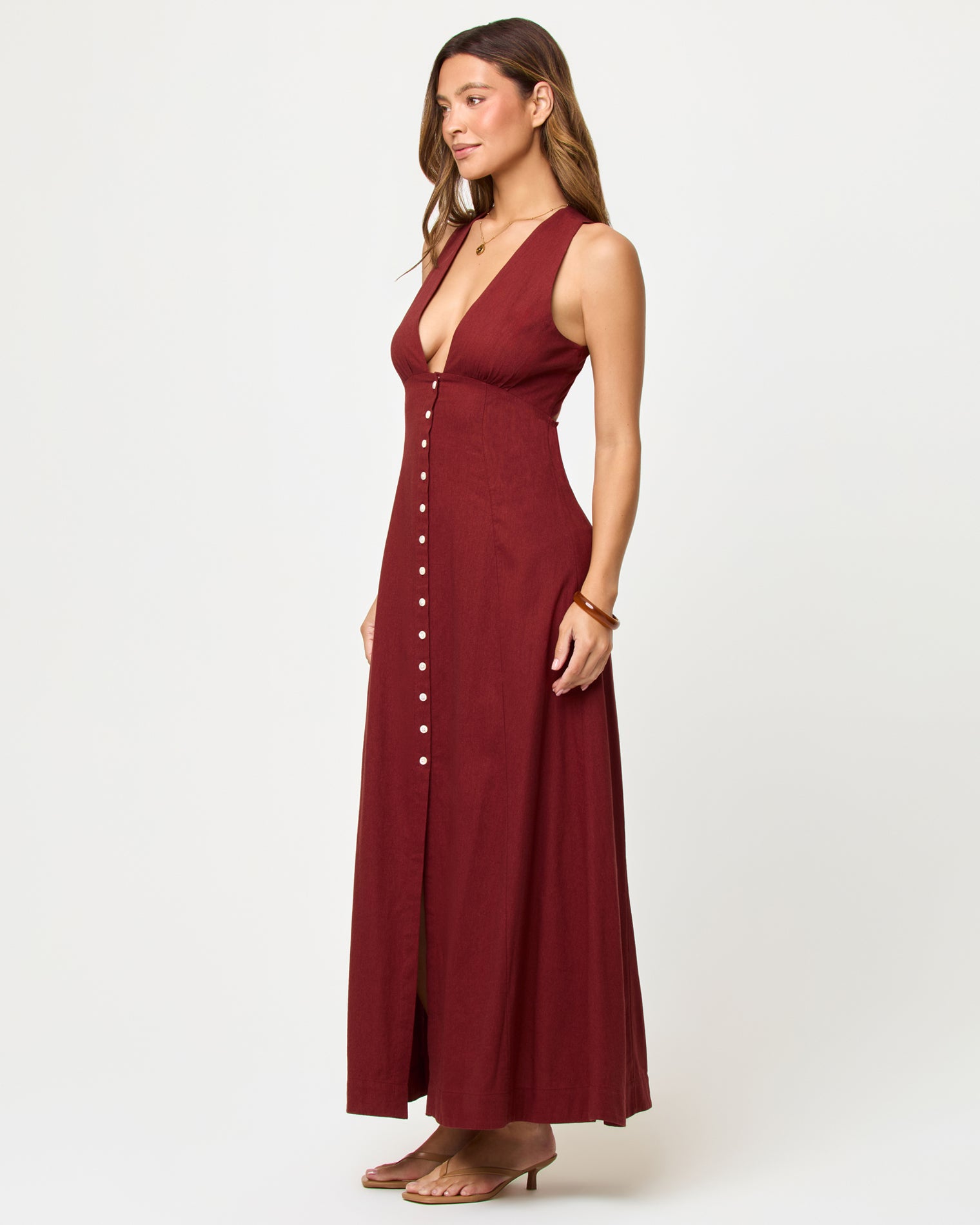 Arlo Maxi - Dusty Fig LSPACE Arlo maxi dress in Dusty Fig, side view on model.