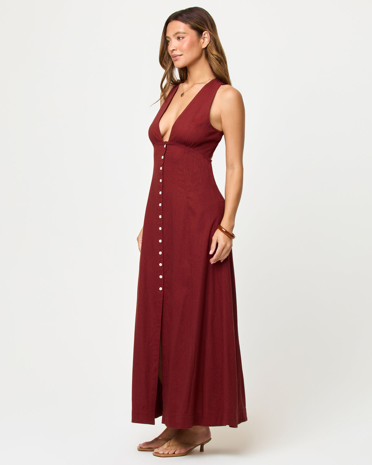 Arlo Maxi - Dusty Fig LSPACE Arlo maxi dress in Dusty Fig, side view on model.