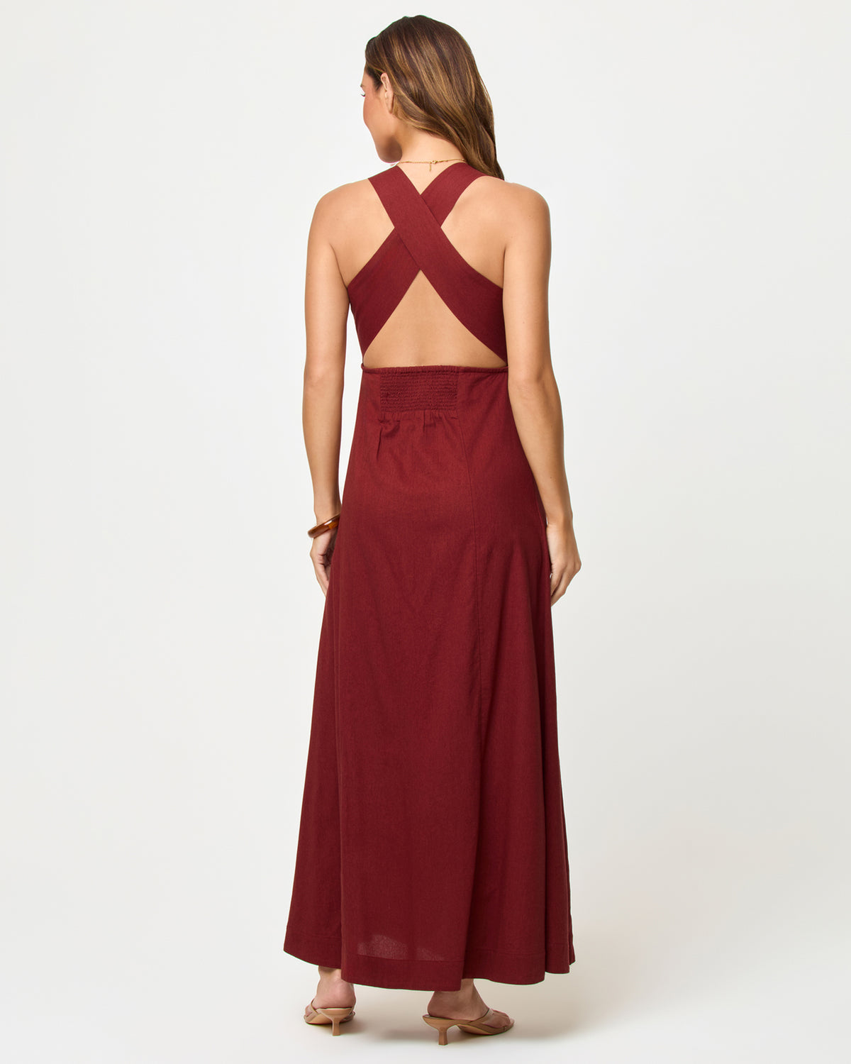Arlo Maxi - Dusty Fig LSPACE Arlo maxi dress in Dusty Fig, back view on model.