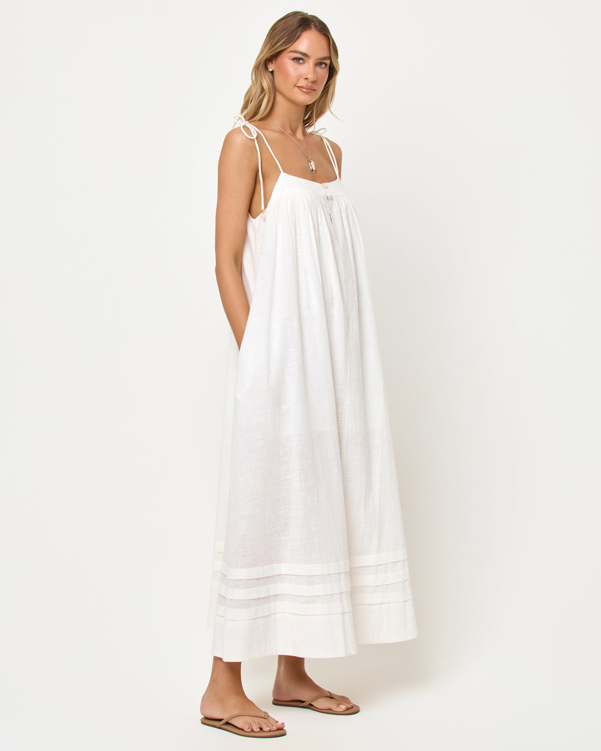 Sunset Stroll Maxi - Cream LSPACE Sunset Stroll Maxi in cream, three-quarter view on model.