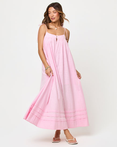 
LSPACE Sunset Stroll Maxi in rosewater, front view on model.
