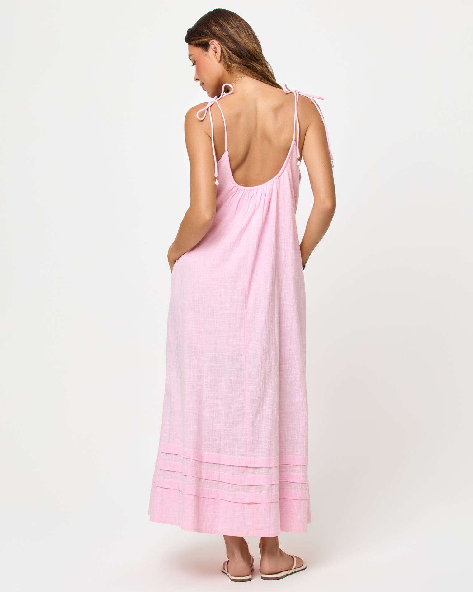 Sunset Stroll Maxi - Rosewater LSPACE Sunset Stroll Maxi in rosewater, back view on model showing open back.