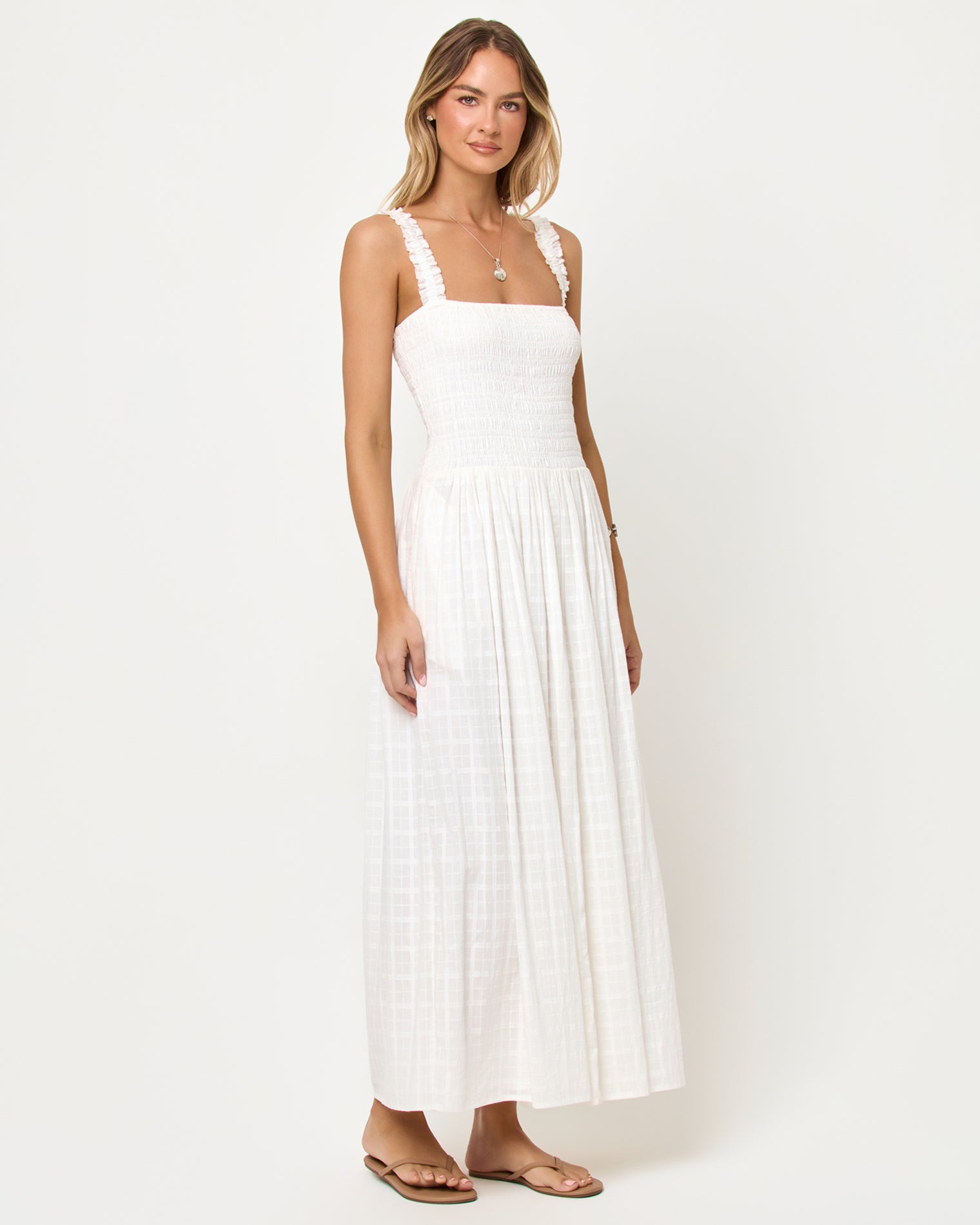 Wren Maxi - Cream Cream | Badge:New Arrival_#B2AC88_#ffffff'
LSPACE Wren Maxi in cream, three-quarter view on model.