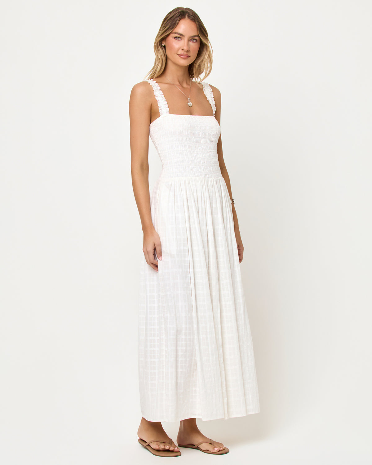 Wren Maxi - Cream Cream | Badge:New Arrival_#B2AC88_#ffffff'
LSPACE Wren Maxi in cream, three-quarter view on model.