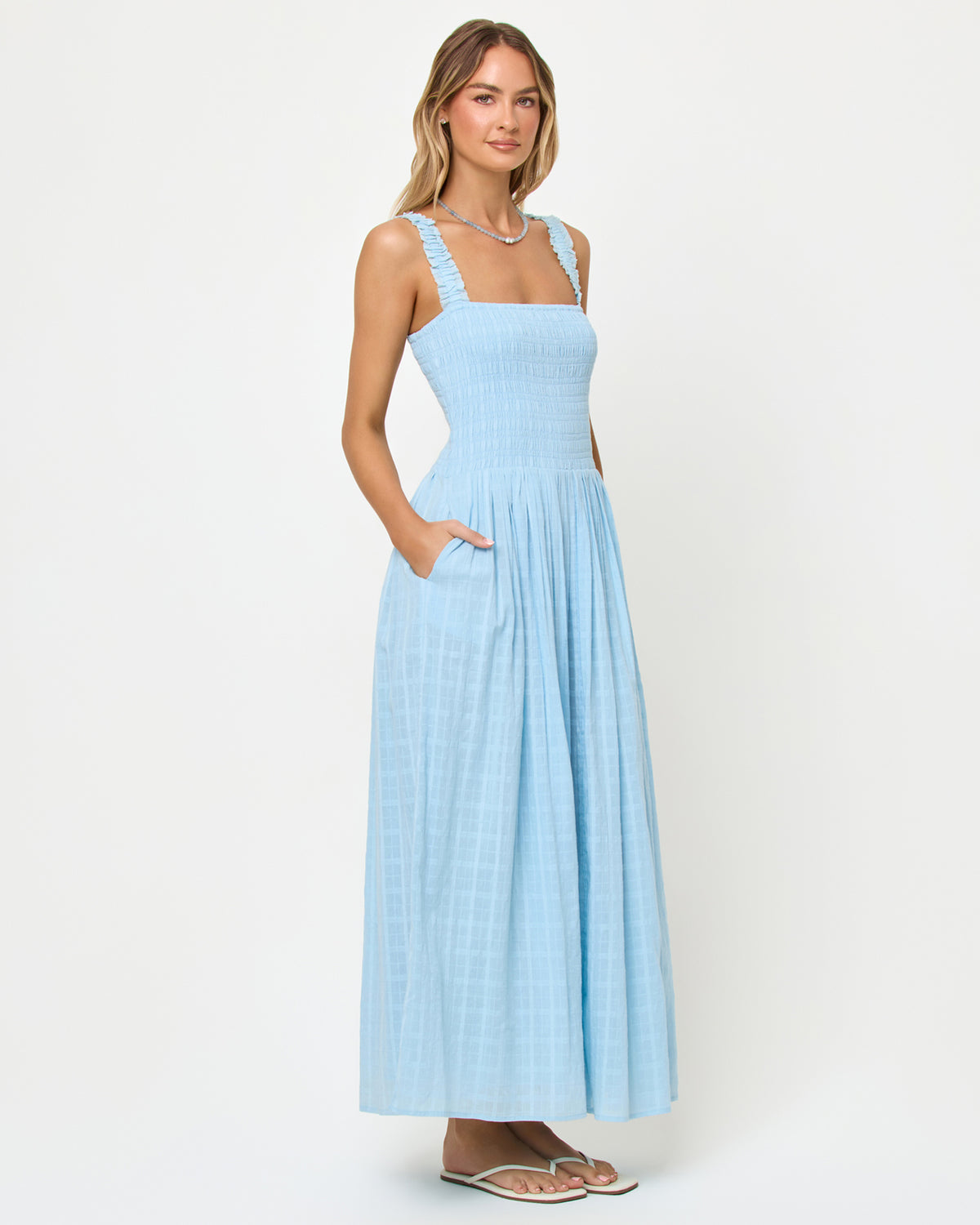 Wren Maxi - Sky Blue LSPACE Wren Maxi in sky blue, three-quarter view on model.
