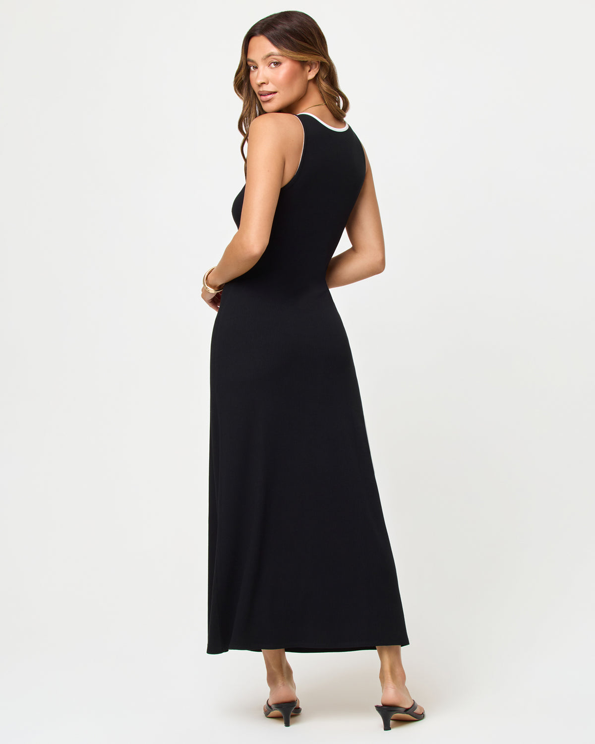 Sayge Maxi - Black-Cream back view of woman wearing a black dress with white accents on a white background