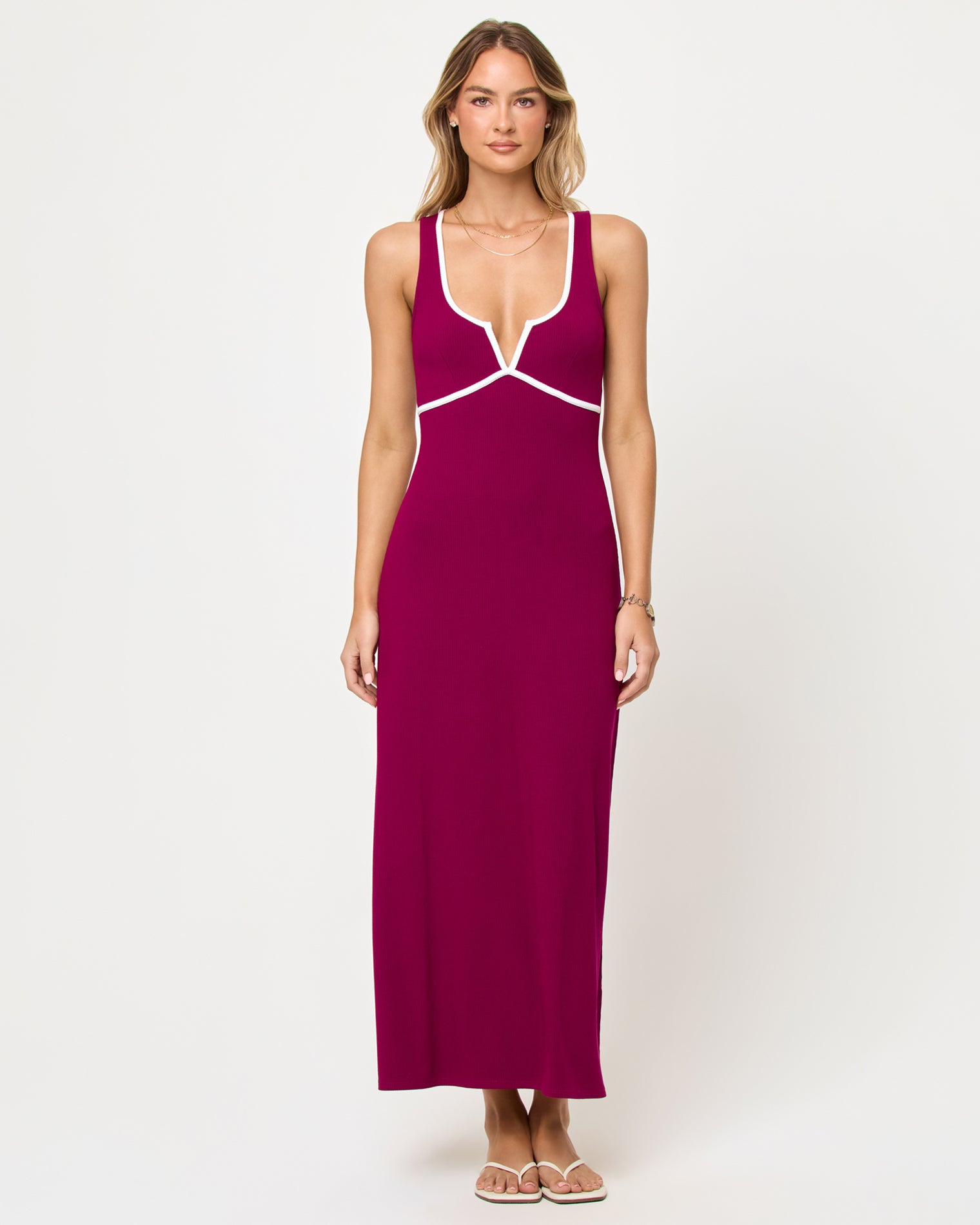 Sayge Maxi - Berry Jam Cream Front view of model wearing the LSPACE Sayge Maxi in berry jam cream, a sleeveless maxi dress with contrast trim at the sweetheart neckline.