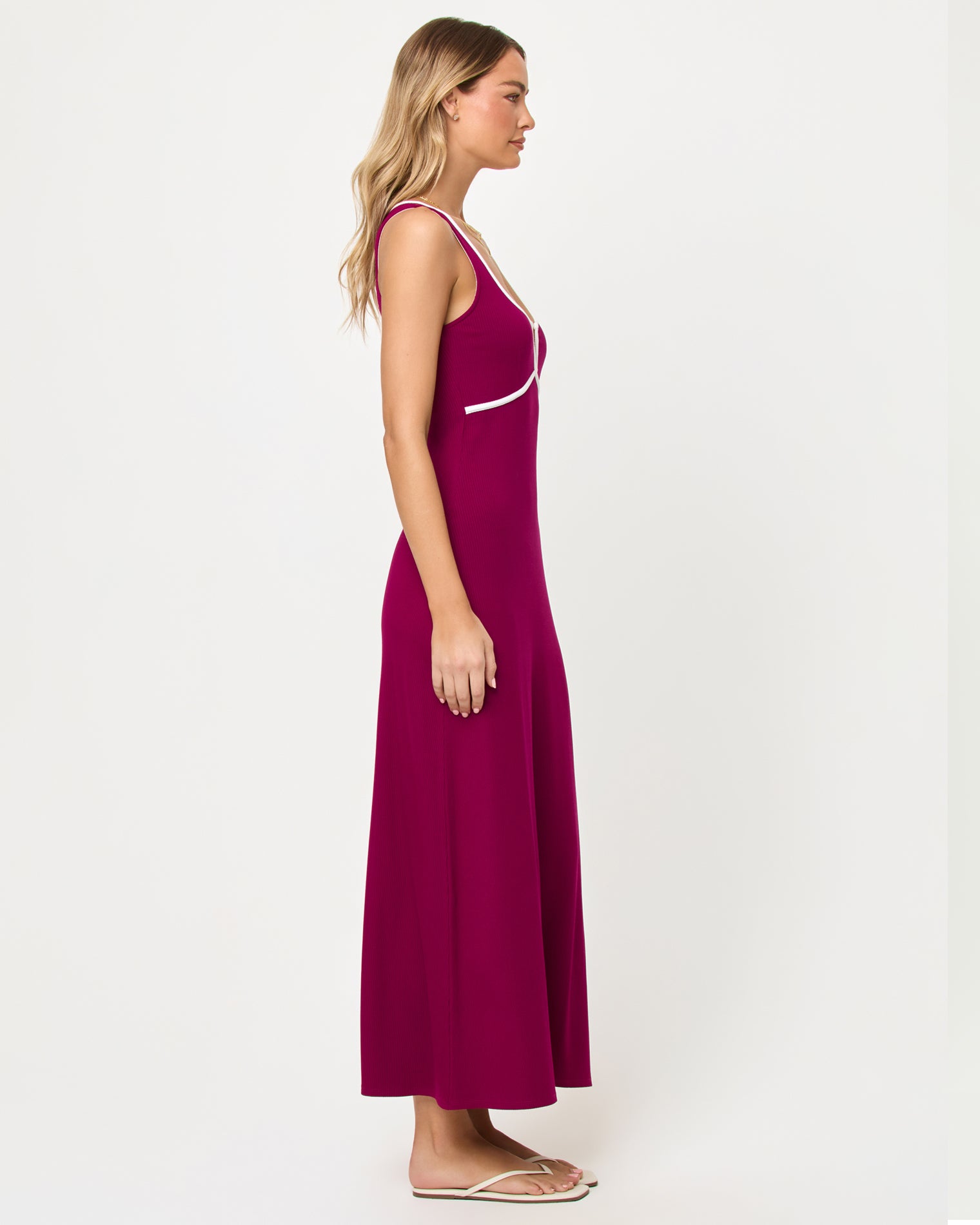 Sayge Maxi - Berry Jam Cream Side view of model wearing the LSPACE Sayge Maxi in berry jam cream.