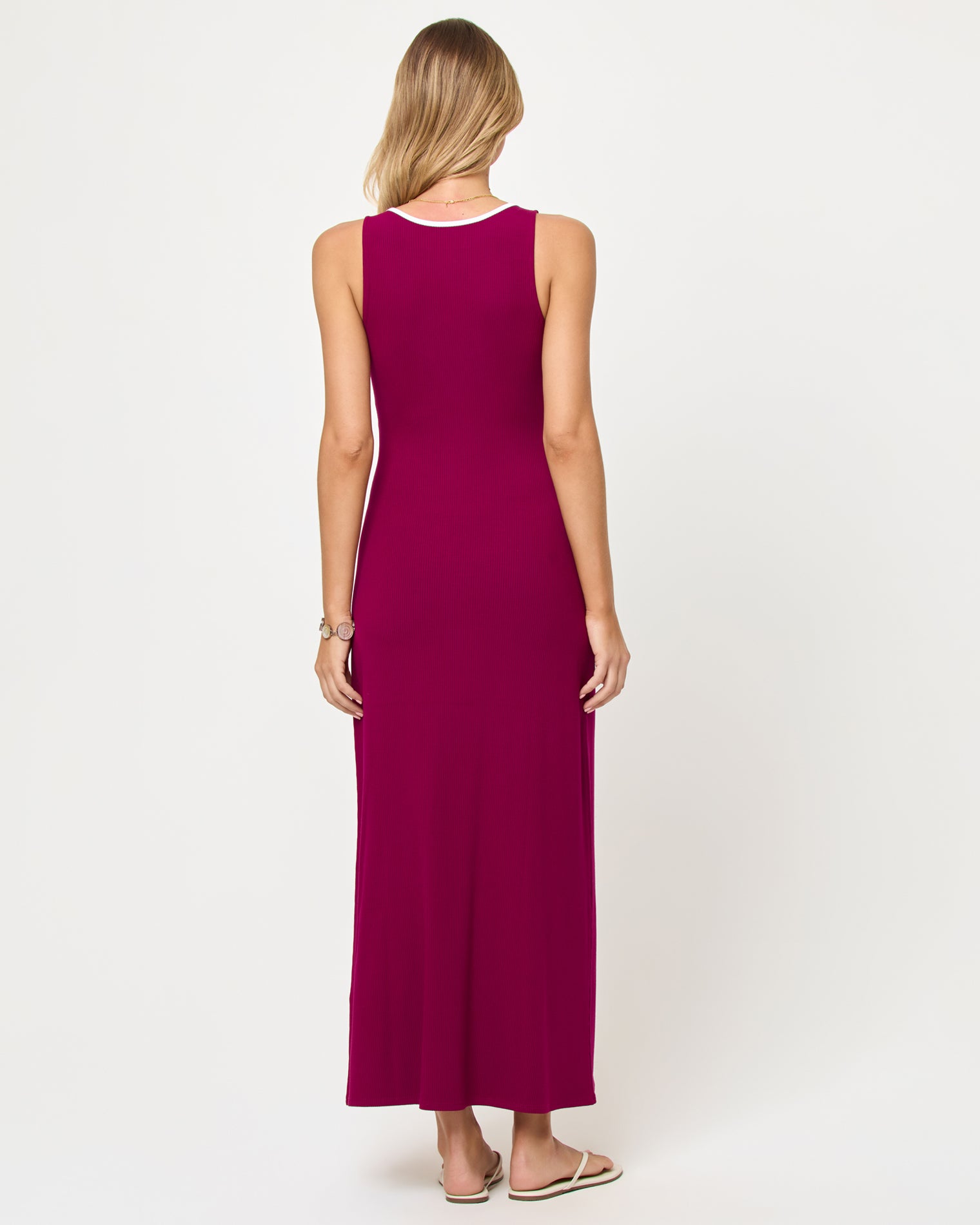 Sayge Maxi - Berry Jam Cream Back view of model wearing the LSPACE Sayge Maxi in berry jam cream.
