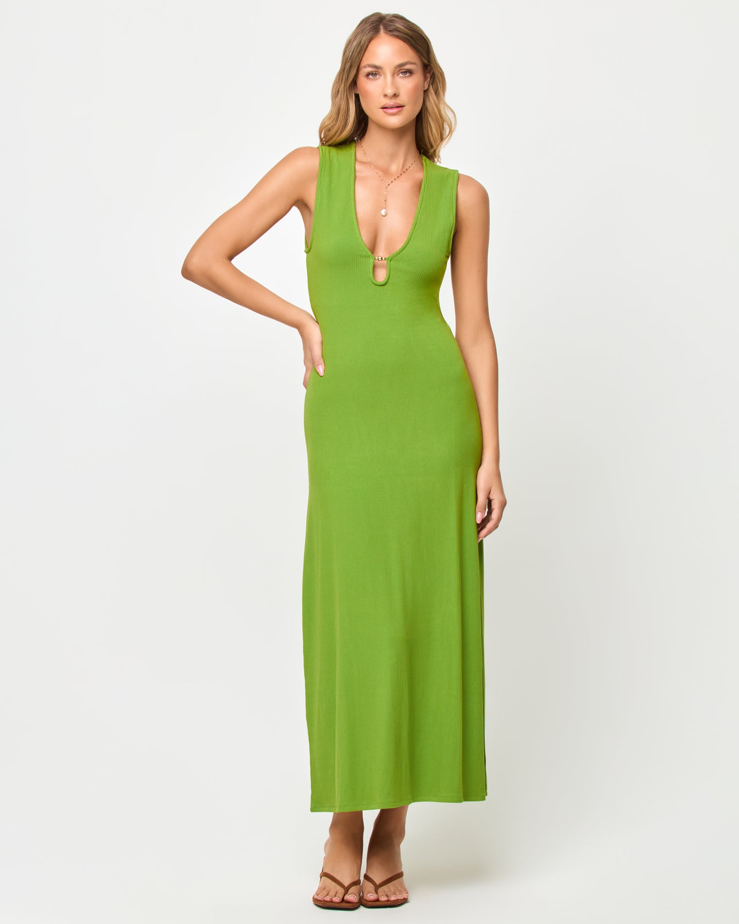 Yuki Maxi Dress - Verdant LSPACE Yuki maxi dress in Verdant, three-quarter view on model.