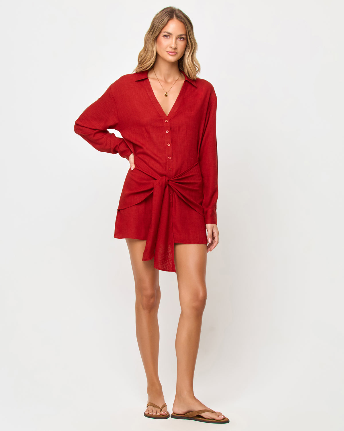 Vera Mini - Redwood LSPACE Vera mini dress in redwood, three-quarter view on model.