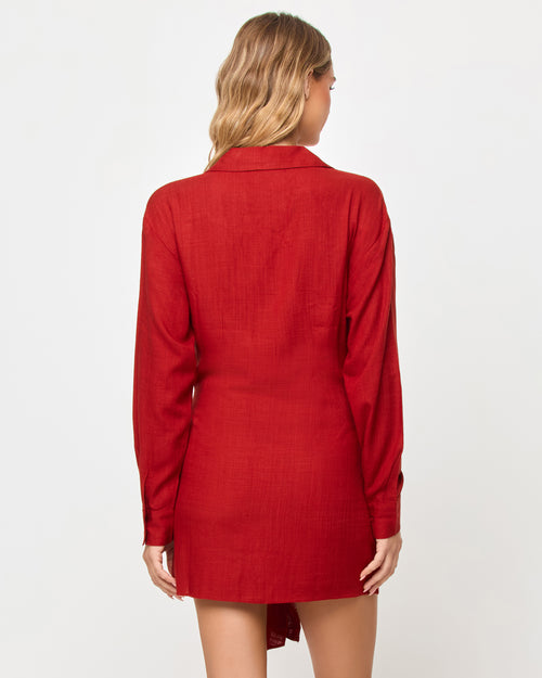 LSPACE Vera mini dress in redwood, back view on model.