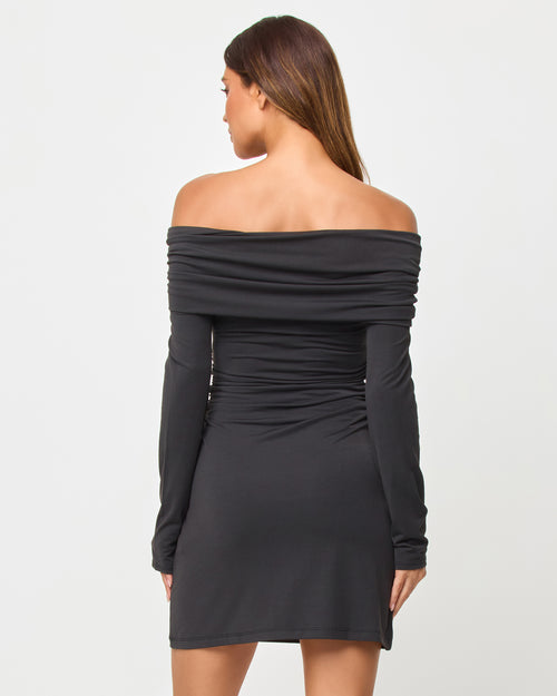 LSPACE Melinda Mini dress in black, back view on model.
