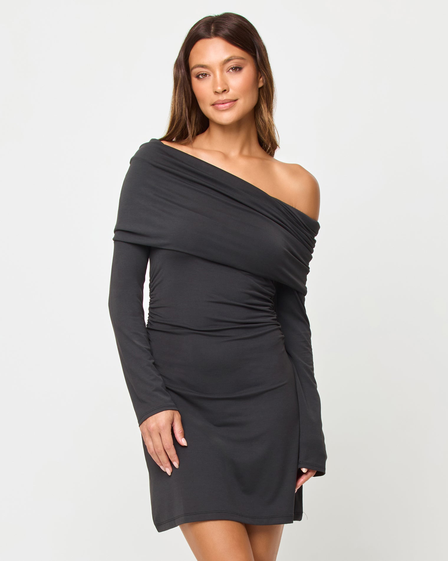 Melinda Mini - Black LSPACE Melinda Mini dress in black, off-shoulder front view on model.