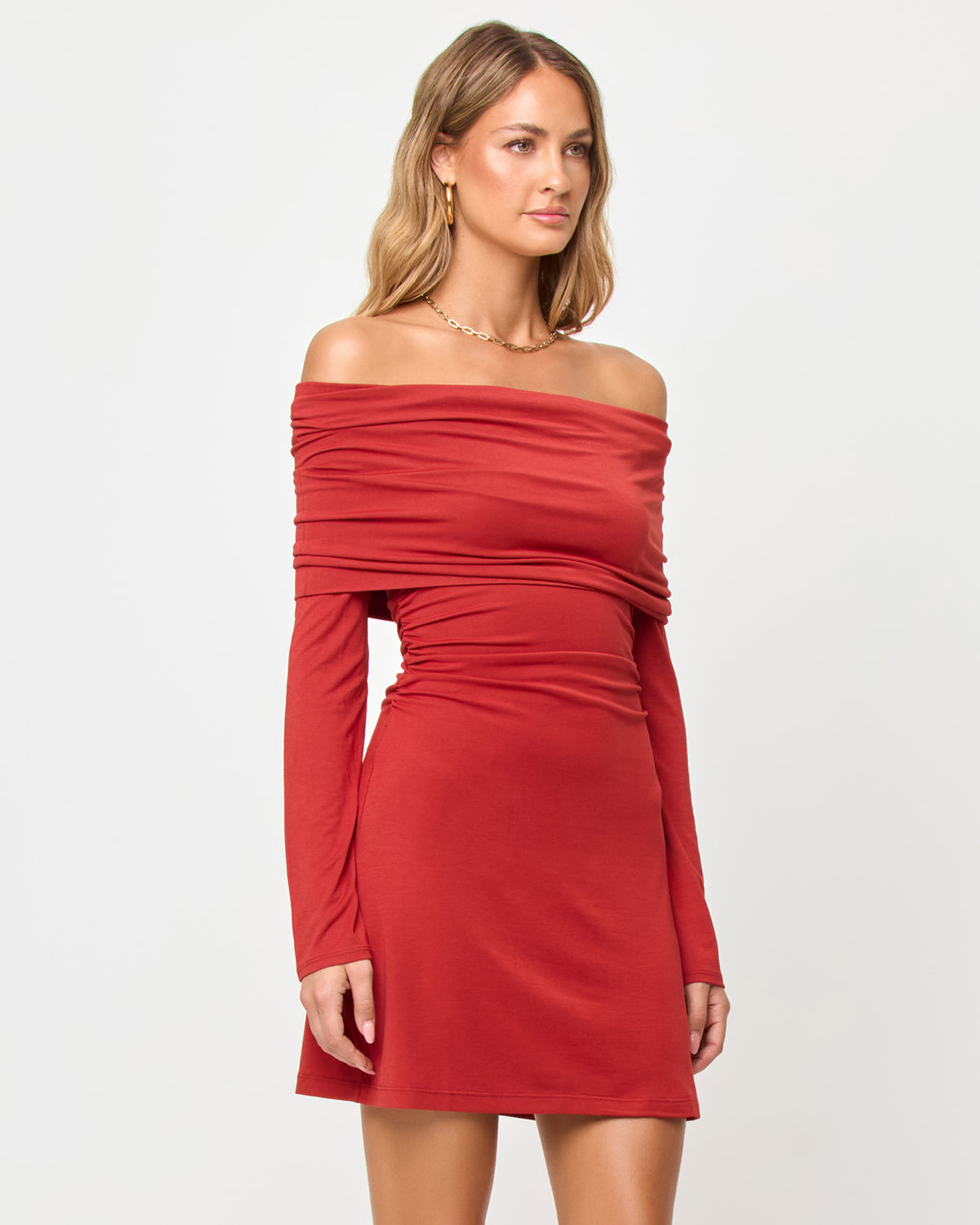 Melinda Mini - Redwood LSPACE Melinda Mini dress in redwood, three-quarter view on model.