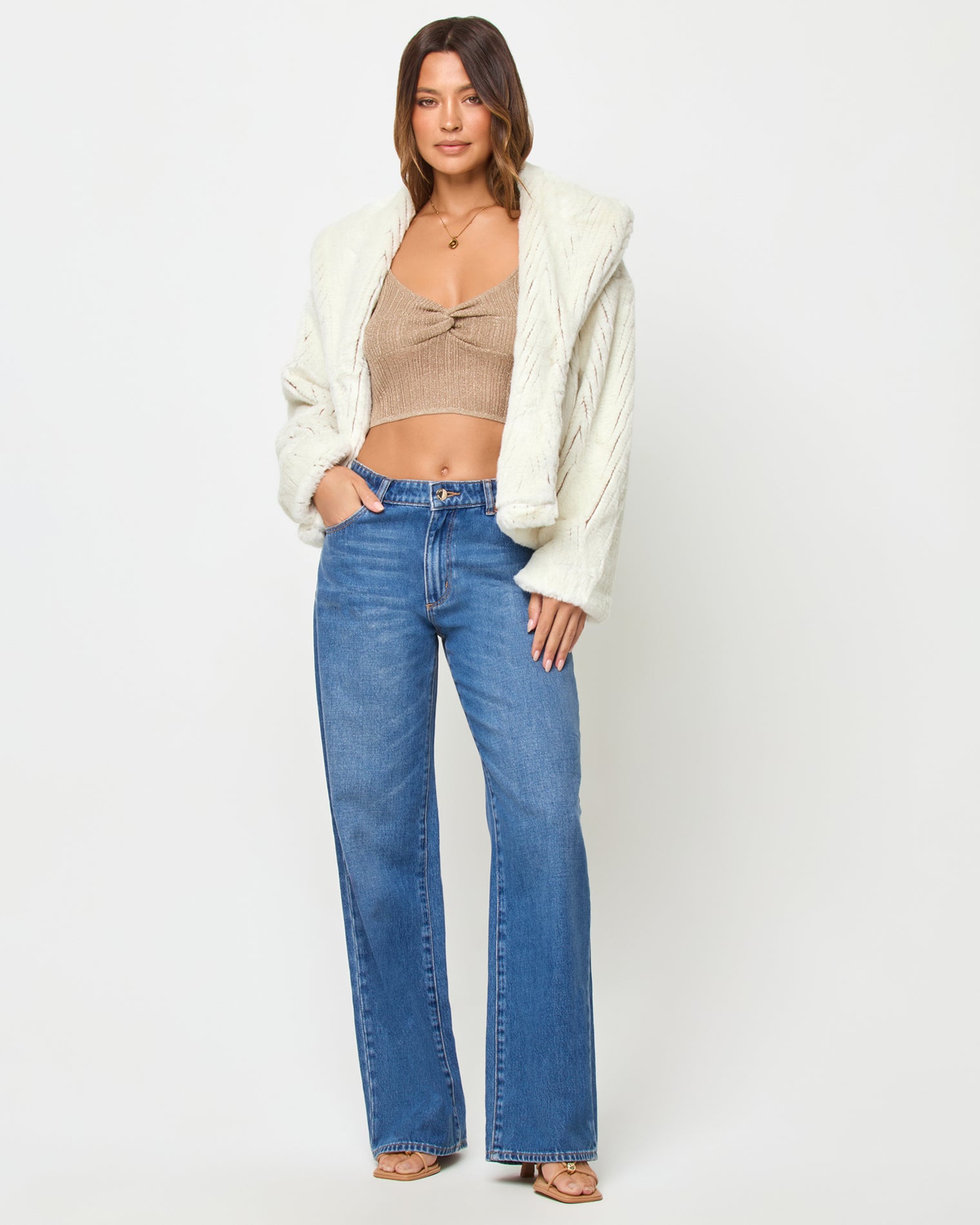 Paulina Coat - Tapioca LSPACE Paulina coat in Tapioca, three-quarter view on model.