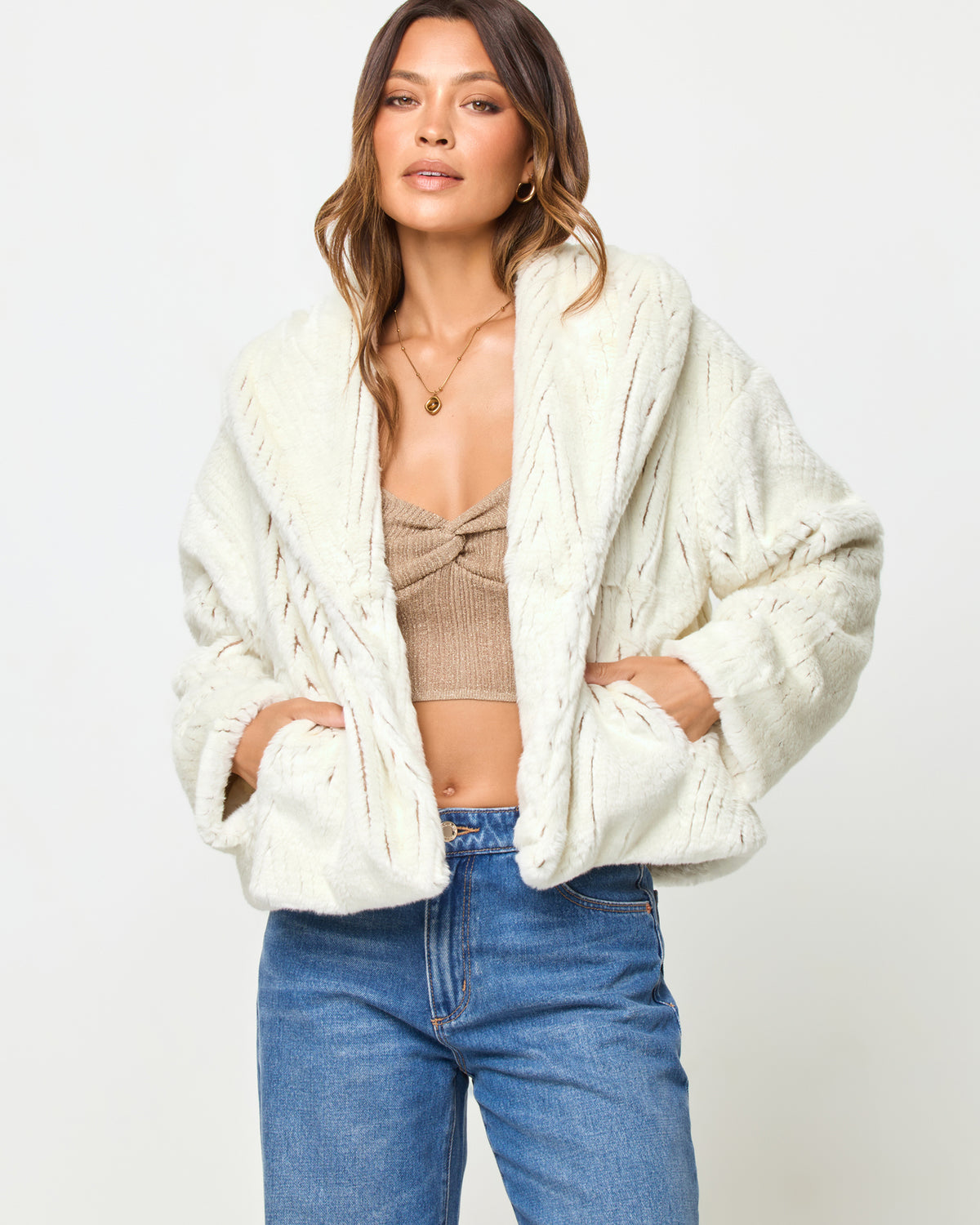 Paulina Coat - Tapioca LSPACE Paulina coat in Tapioca, front view on model.