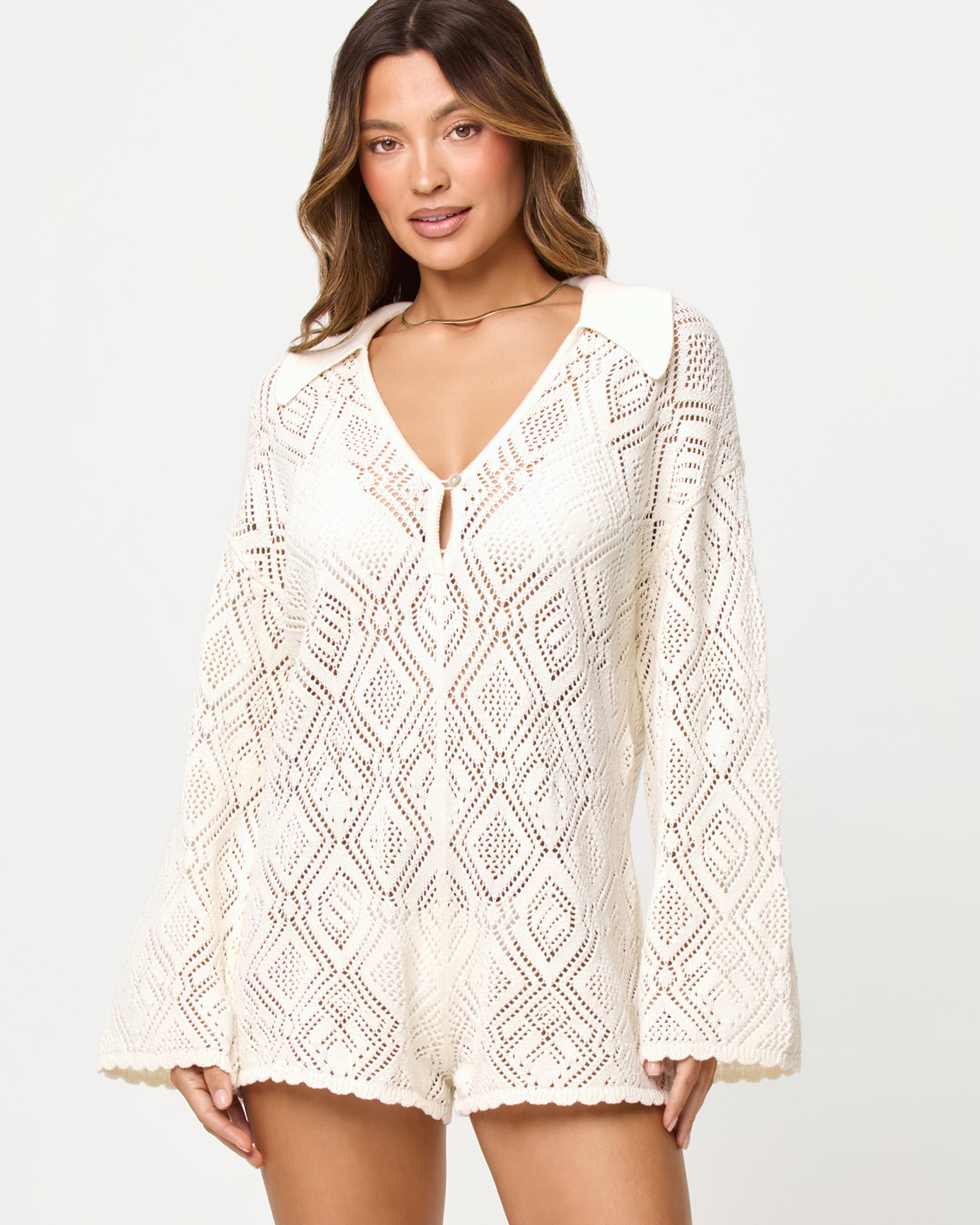 x The Salty Blonde Golden Daze Romper - Cream Close-up of the LSPACE x The Salty Blonde Golden Daze Romper in cream showing the neckline and bodice detail.