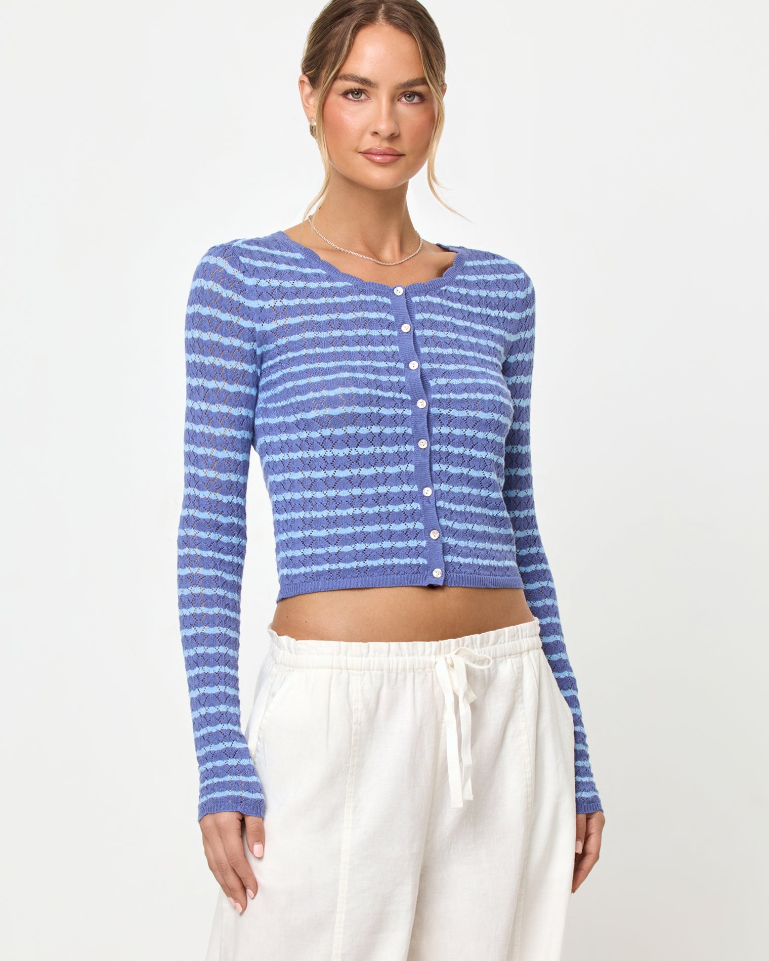 Rosalie Cardigan - Blue Lagoon Blue Lagoon | Badge:New Arrival_#B2AC88_#ffffff'

LSPACE Rosalie cardigan in blue lagoon, close-up detail view on model.