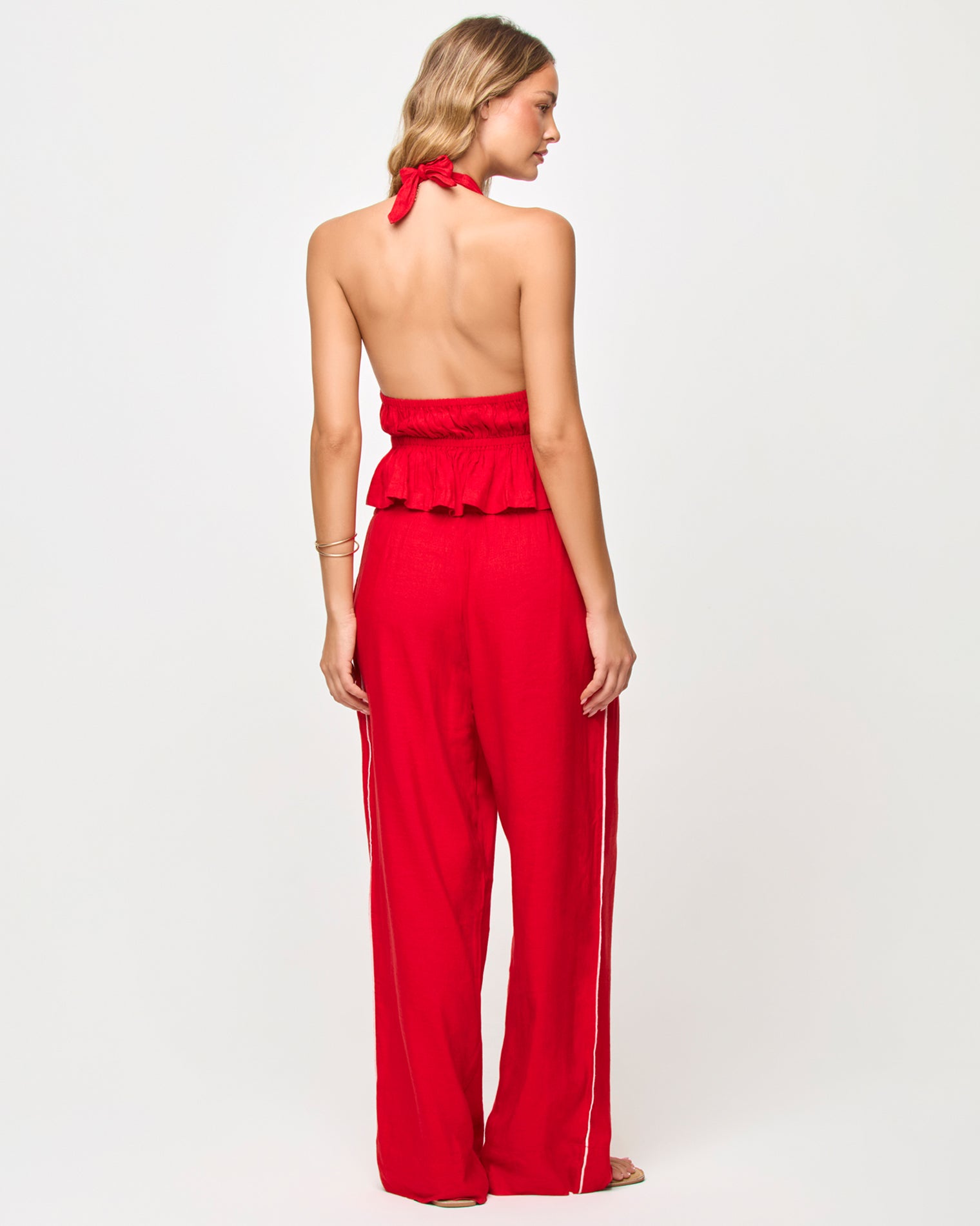 x The Salty Blonde August Top - Flame Back view of model wearing the LSPACE x The Salty Blonde August Top in flame.