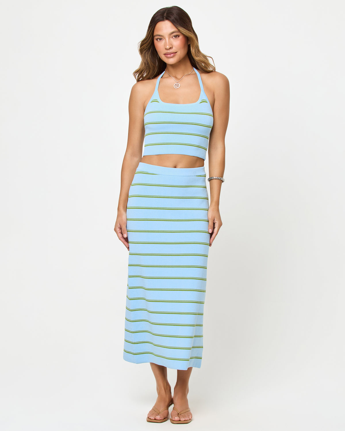 Positano Top - Barbados Stripe Barbados Stripe | Badge:New Arrival_#B2AC88_#ffffff'
LSPACE Positano Top and Ravello Skirt in Barbados Stripe, front view on model.