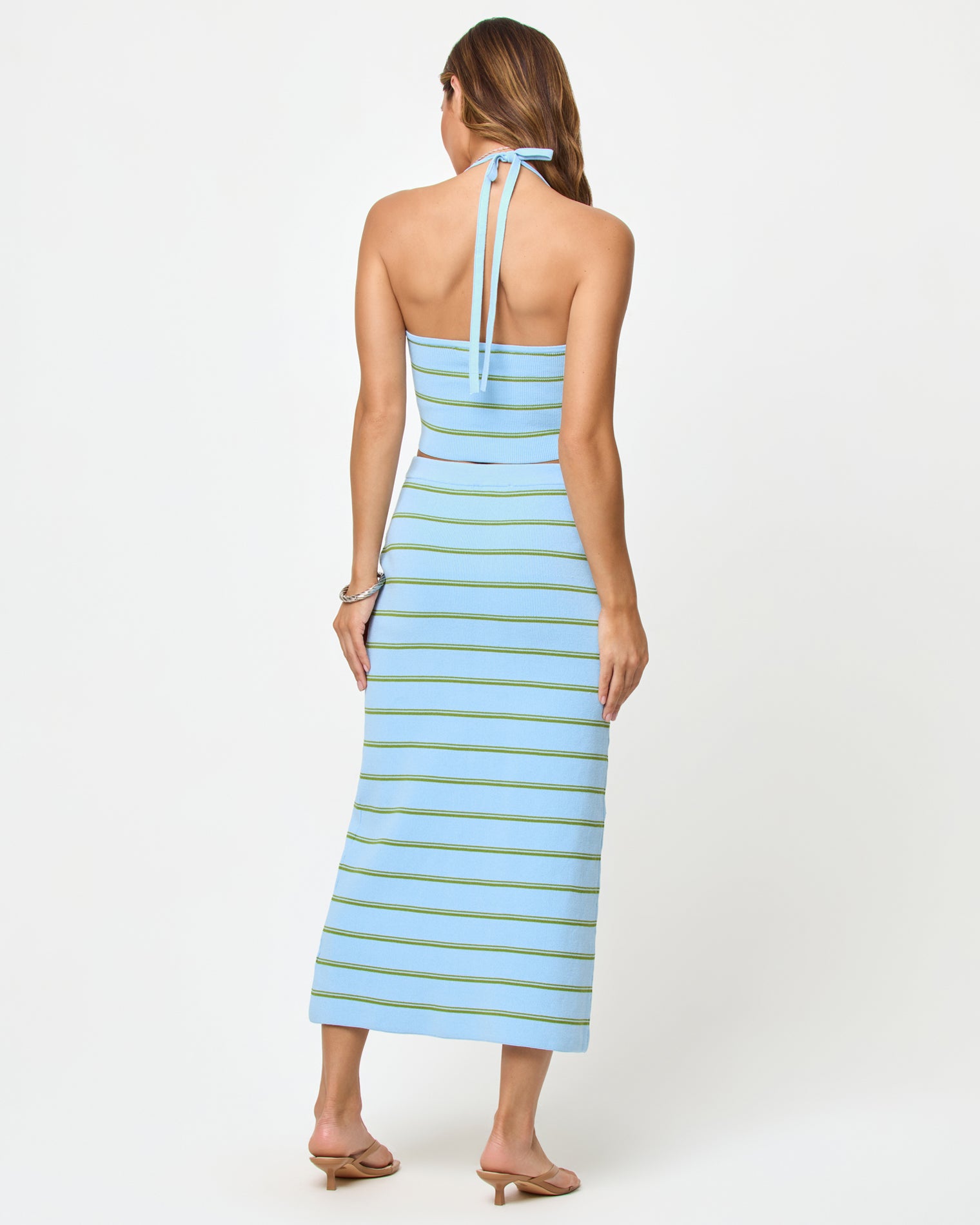 Positano Top - Barbados Stripe LSPACE Positano Top and Ravello Skirt in Barbados Stripe, back view on model.